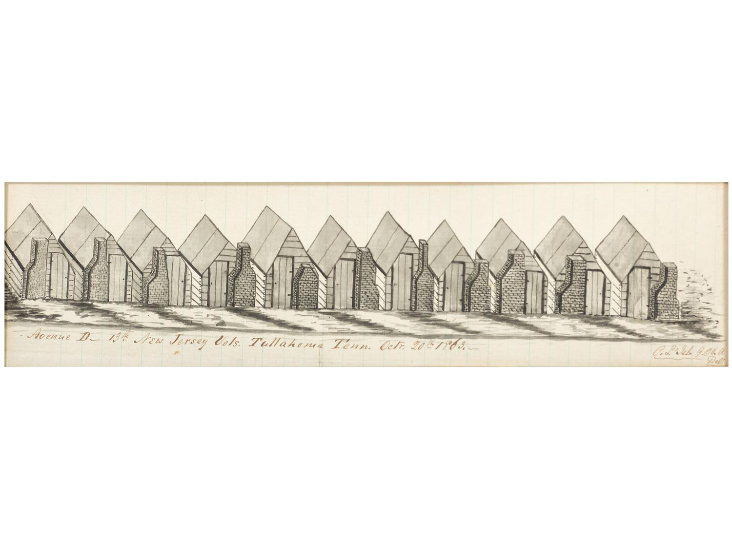 [CIVIL WAR]. Avenue D - 13th New Jersey Vols. Tullahoma Tenn. Oct. 20th 1863. Civil War sketch by Corporal Charles Lelsle, 9th Ohio Light Artillery.