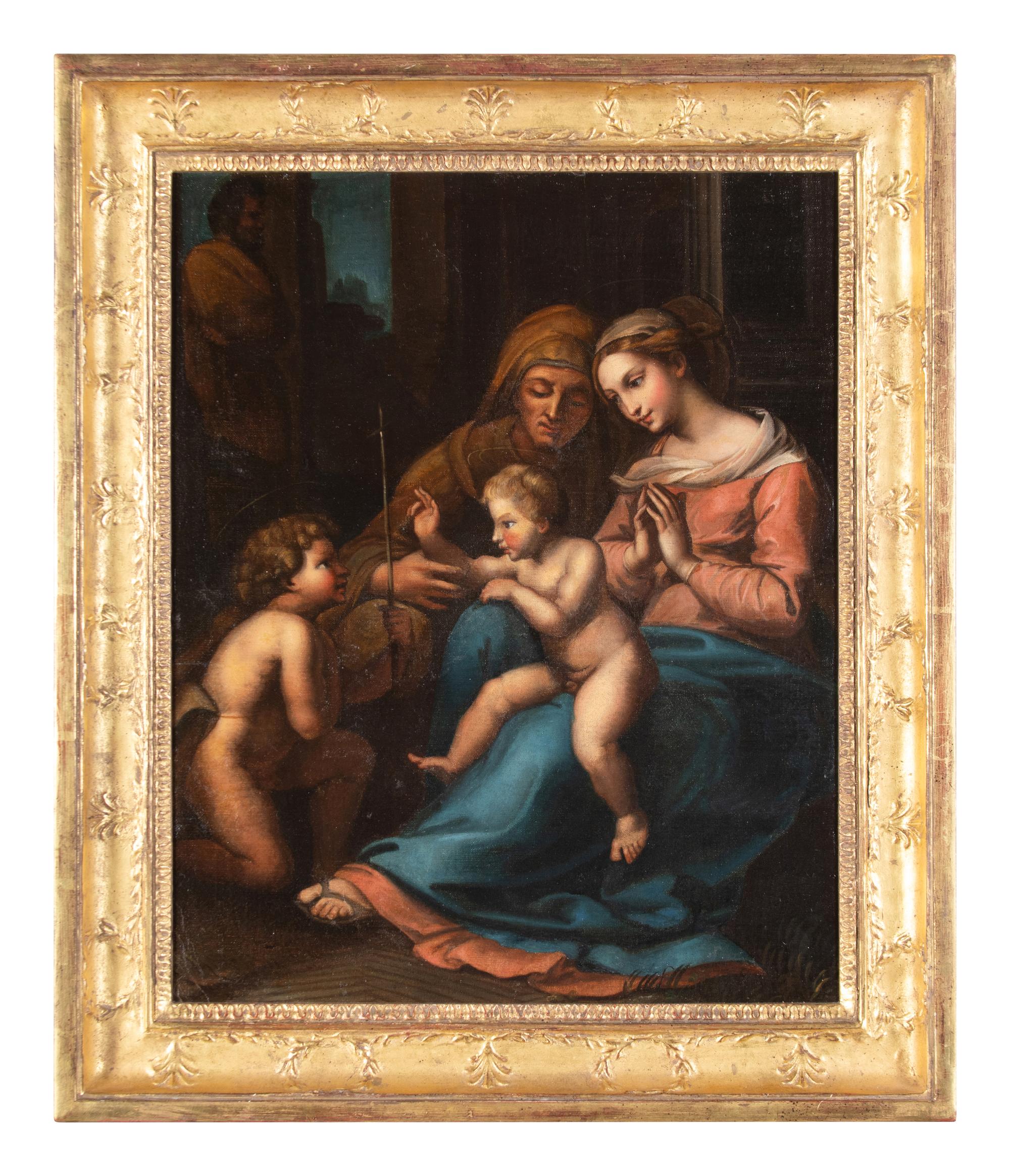 Continental School, 18th Century Religious Scene Depicting Mary, Jesus, Elizabeth and John oil on canvas 17 x 14 inches.