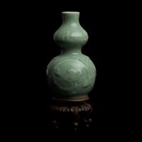 A Japanese Celadon-Glazed Double Gourd Vase, Seifu Yohei III, and Two Kogo, Suwa Sozan