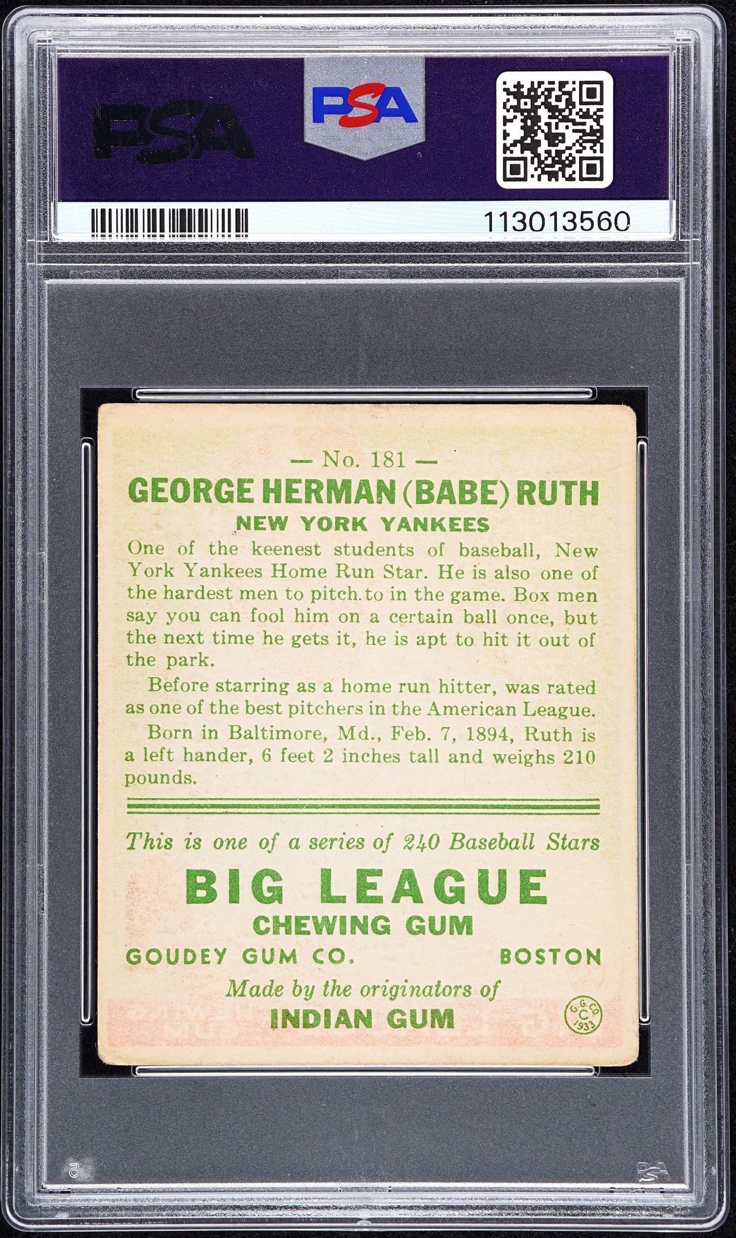 A 1933 Goudey Babe Ruth Baseball Card No. 181 (PSA 2.5 GOOD+)