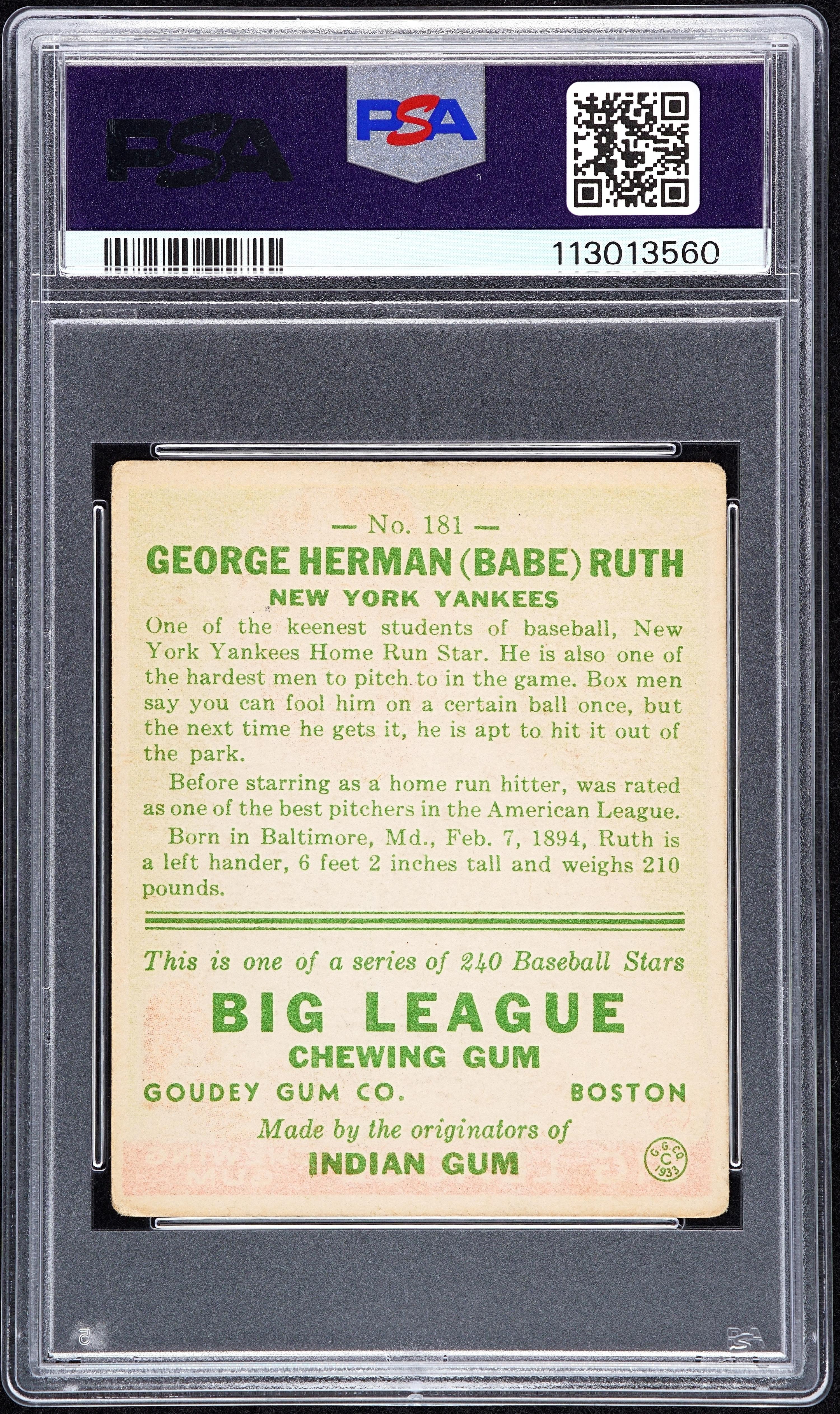 A 1933 Goudey Babe Ruth Baseball Card No. 181 (PSA 2.5 GOOD+)