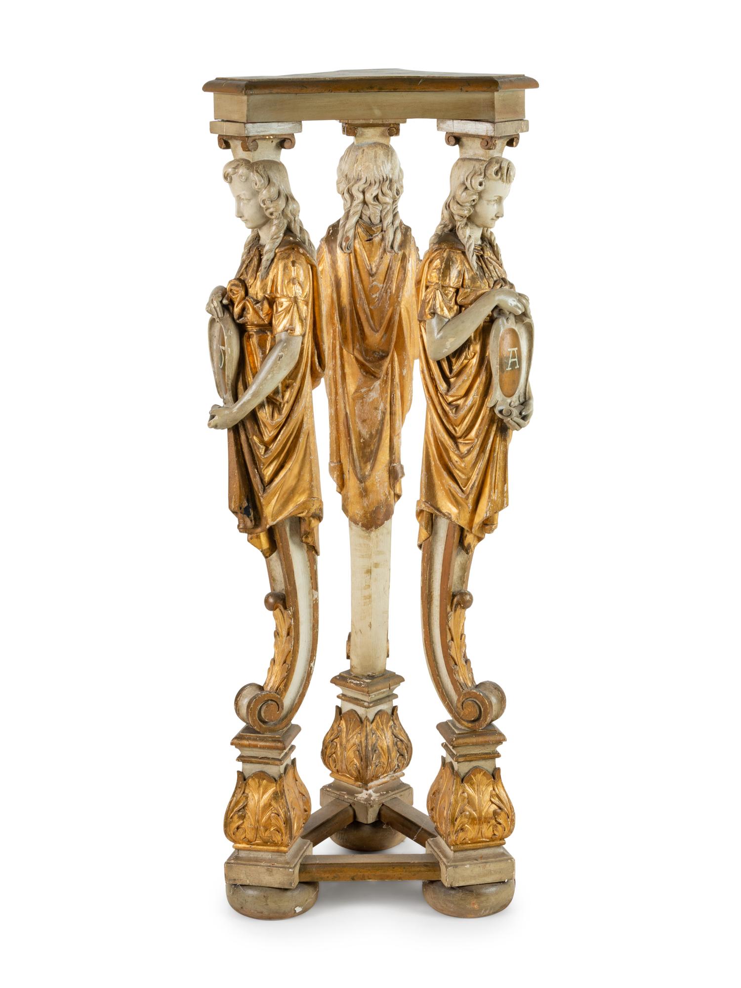 A Painted and Parcel Gilt Figural Pedestal