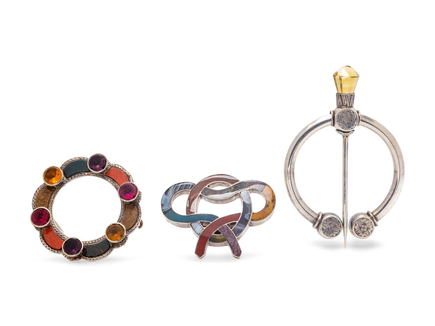 A Collection of Silver, Gemstone and Hardstone Brooches, Scottish,