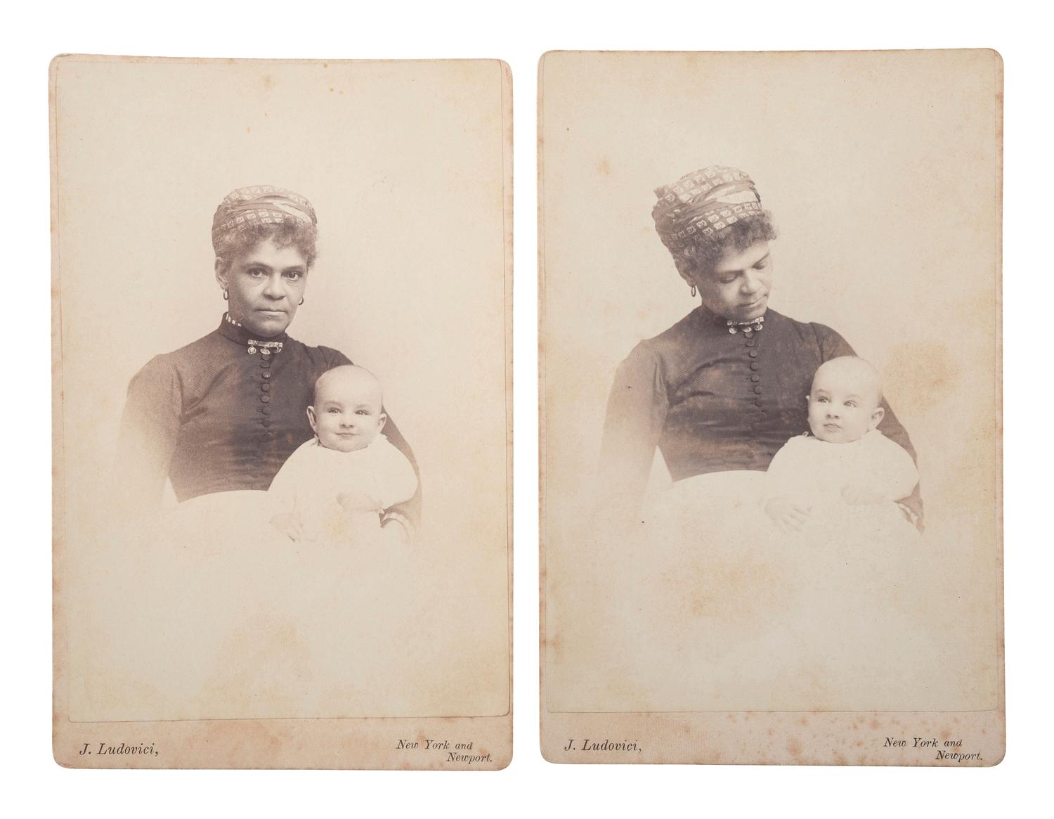 [EARLY PHOTOGRAPHY]. A group of 3 cabinet photographs of African American women and white infants, incl. 2 views taken during the same sitting.
