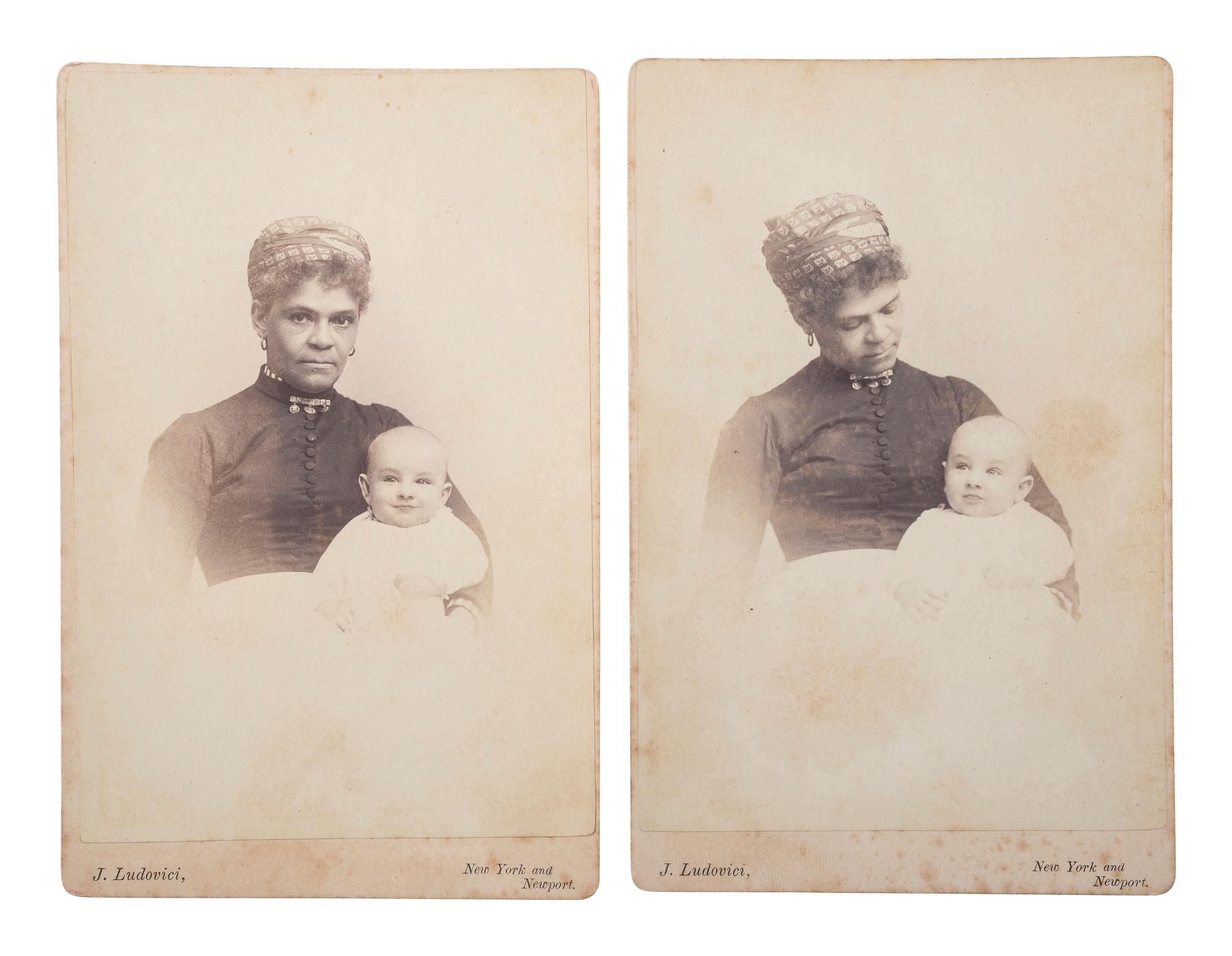 [EARLY PHOTOGRAPHY]. A group of 3 cabinet photographs of African American women and white infants, incl. 2 views taken during the same sitting.