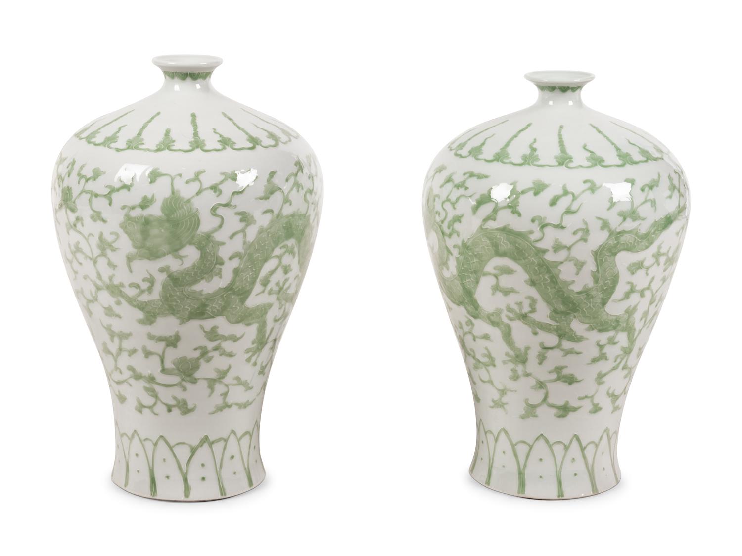 A Pair of Contemporary Green and White Glazed Porcelain Vases