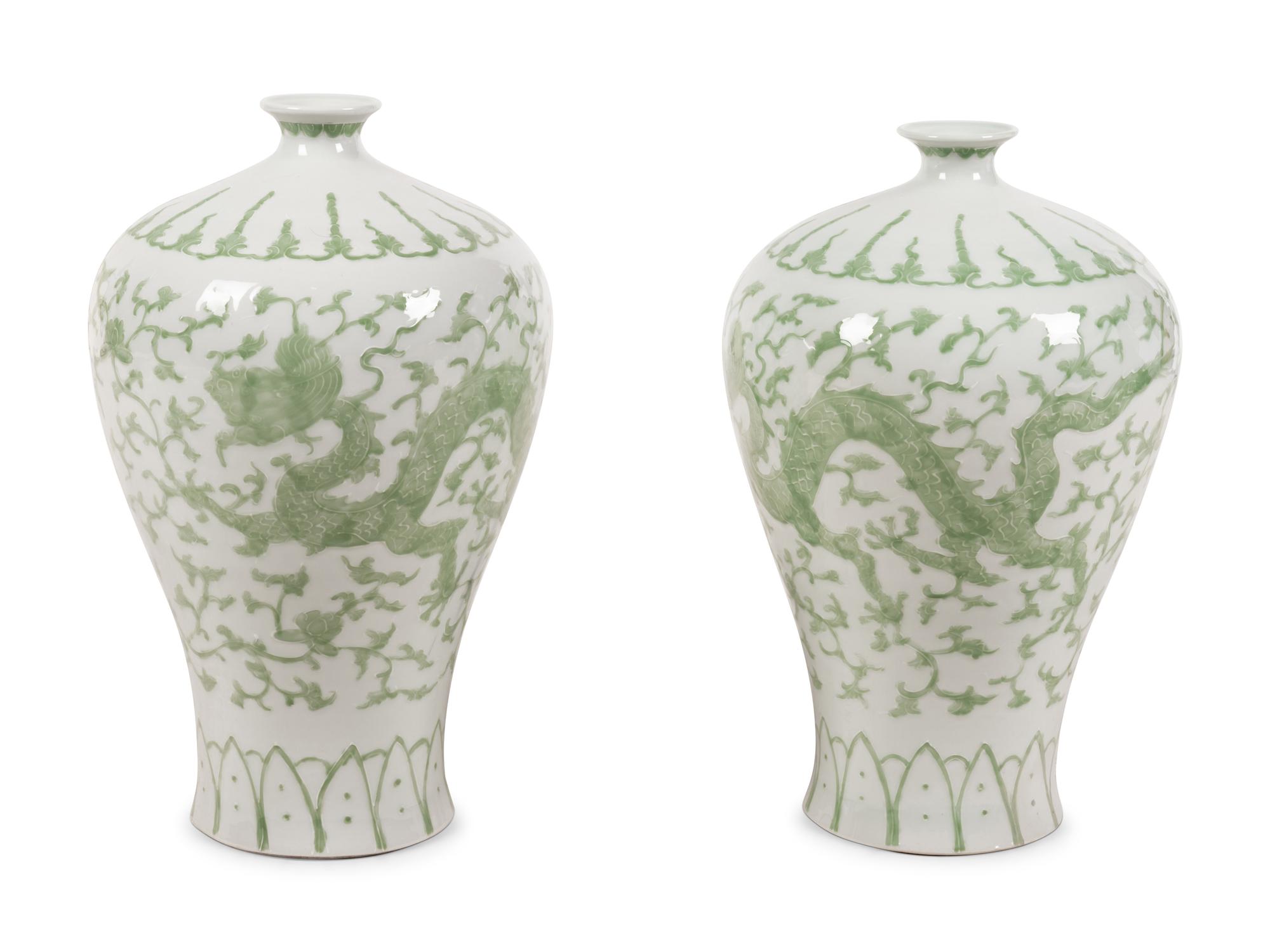 A Pair of Contemporary Green and White Glazed Porcelain Vases