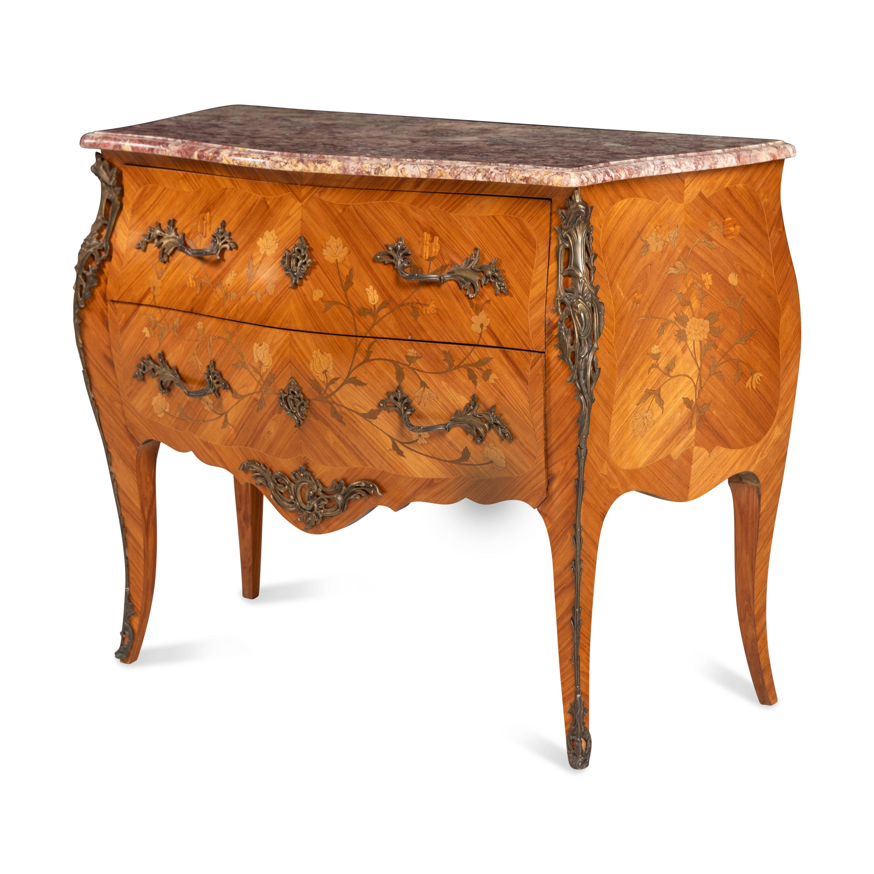 A Louis XV Style Gilt Bronze Mounted Tulipwood, Marquetry, and Spanish Brocatelle Marble-Top Commode