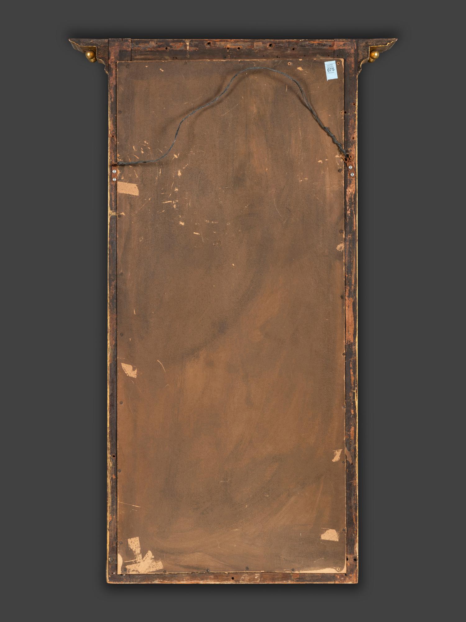 A Classical Giltwood and Reverse Painted Panel Inset Looking Glass