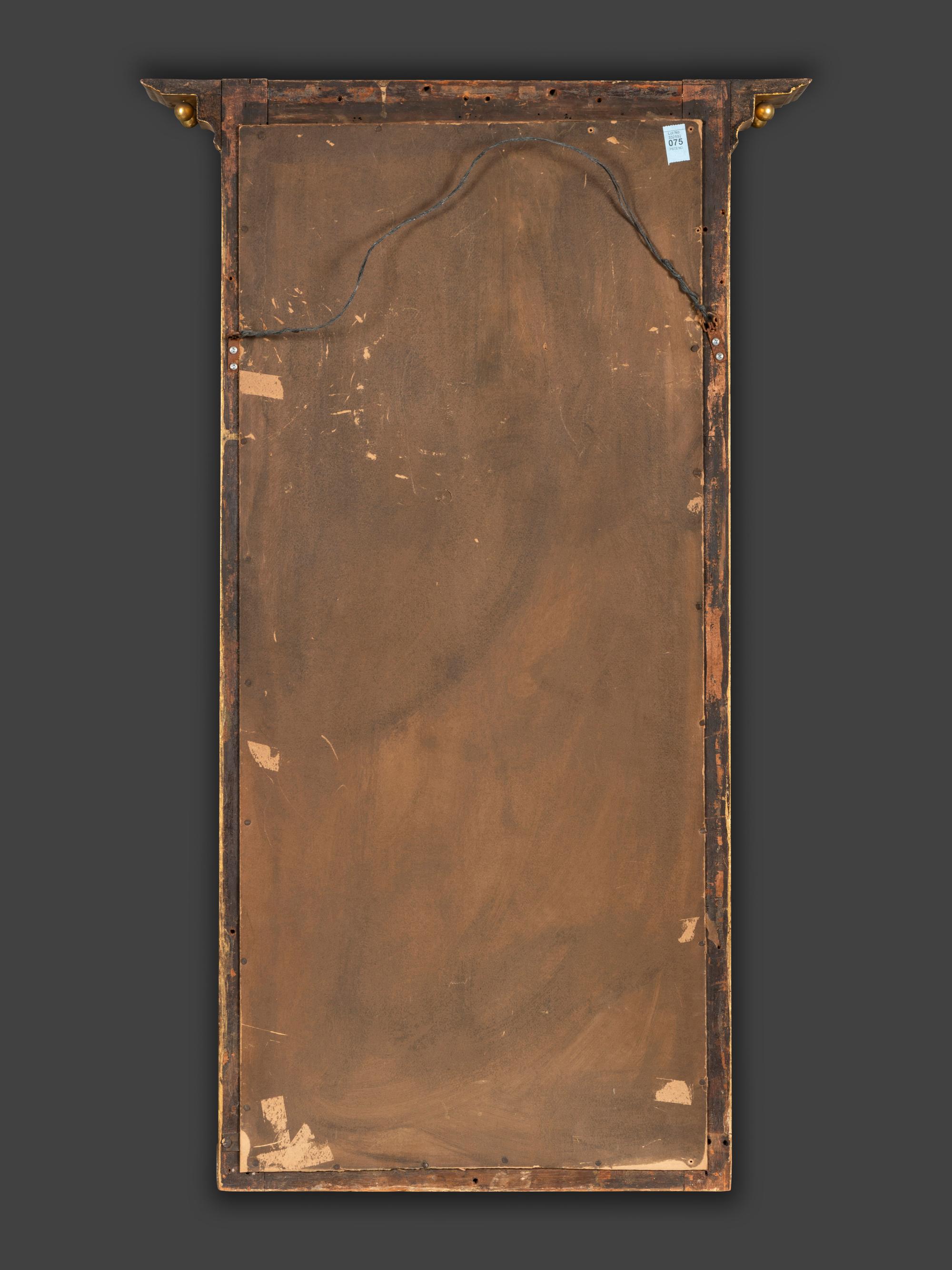 A Classical Giltwood and Reverse Painted Panel Inset Looking Glass