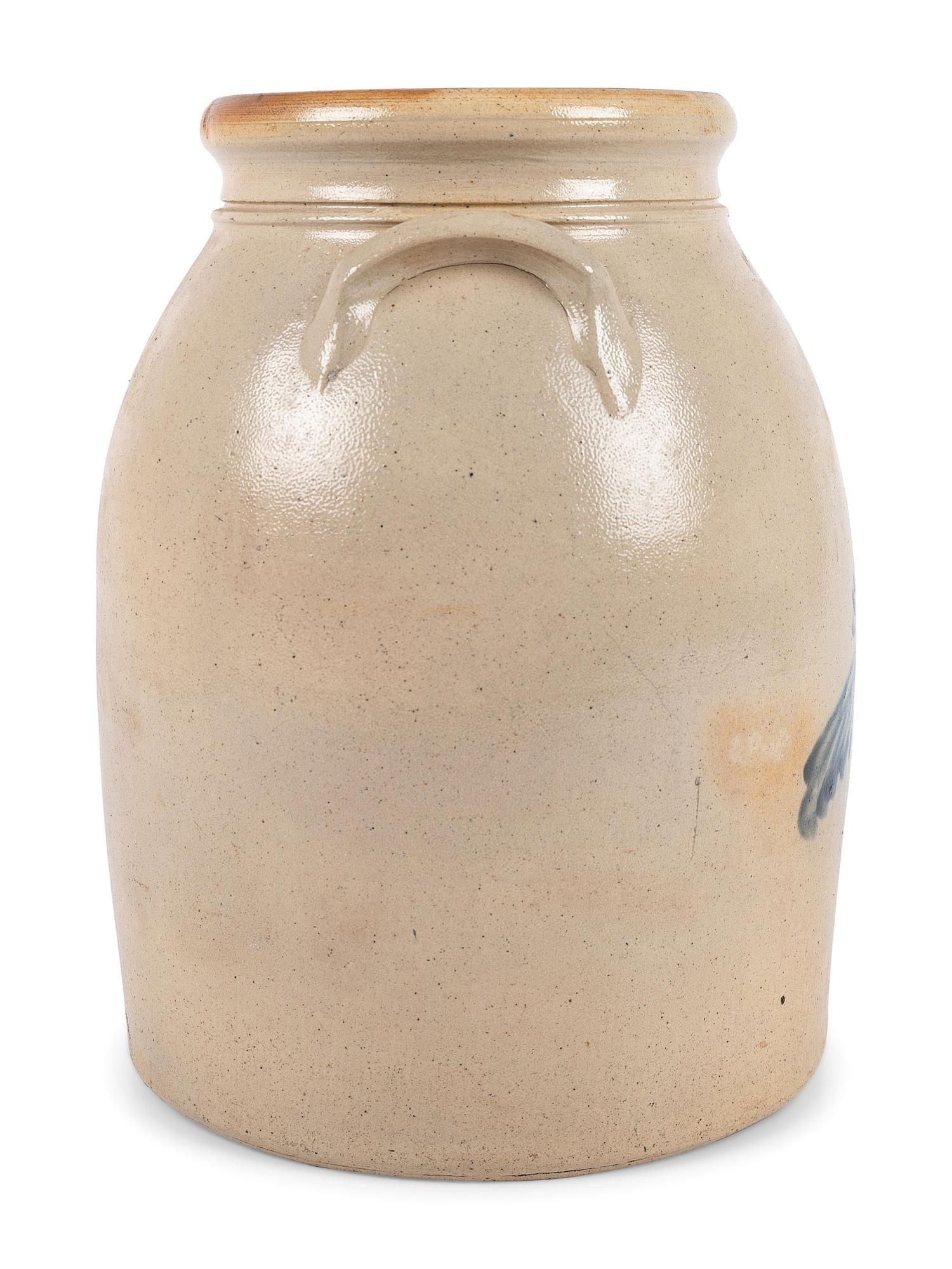 A Three-Gallon New York Stoneware Crock with Cobalt Freehand Bird