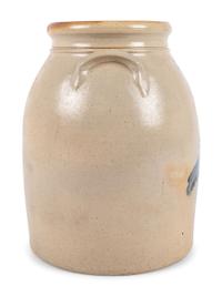 A Three-Gallon New York Stoneware Crock with Cobalt Freehand Bird