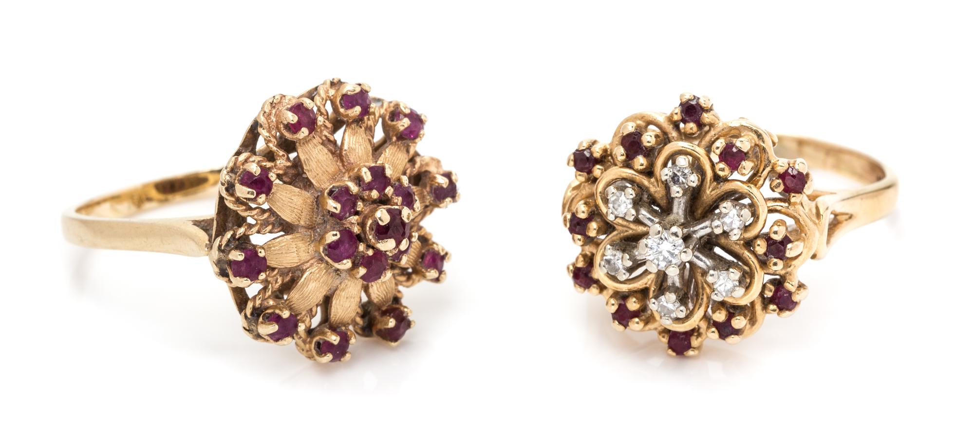 A Collection of 14 Karat Yellow Gold, Ruby and Diamond Rings, 10.60 dwts.