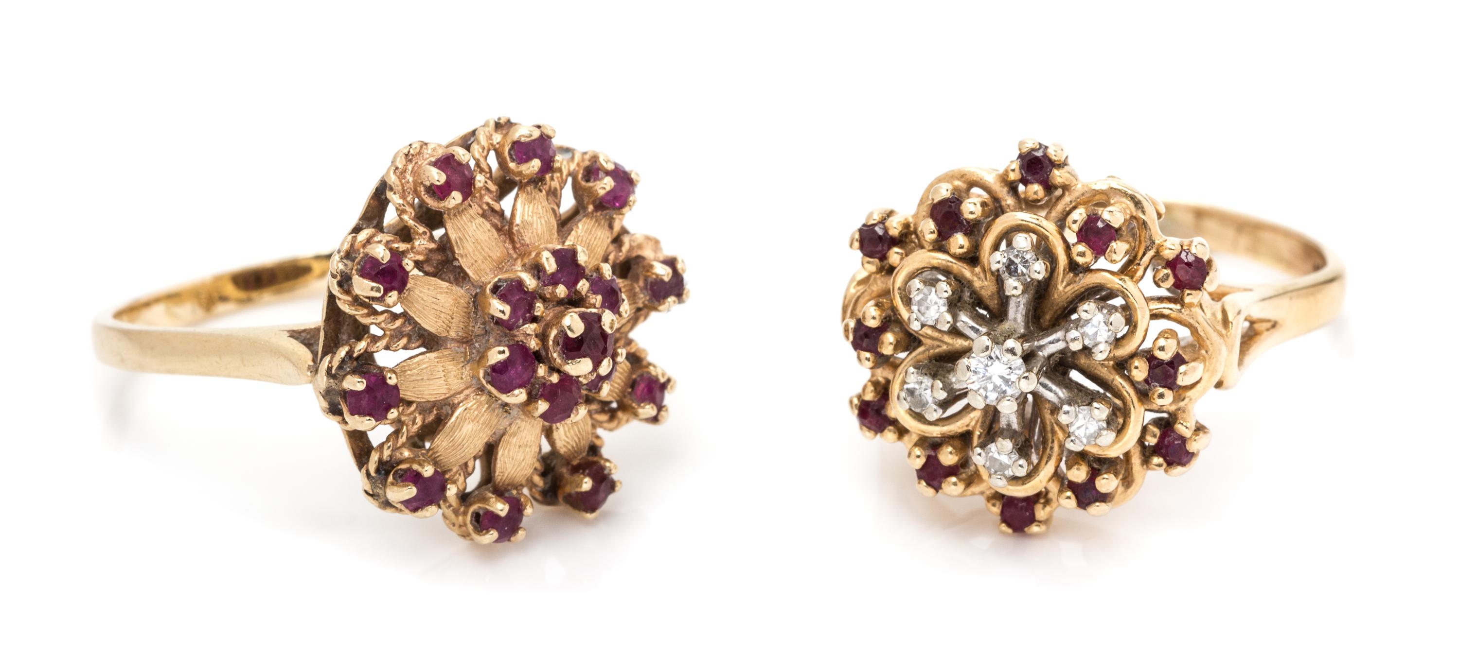 A Collection of 14 Karat Yellow Gold, Ruby and Diamond Rings, 10.60 dwts.