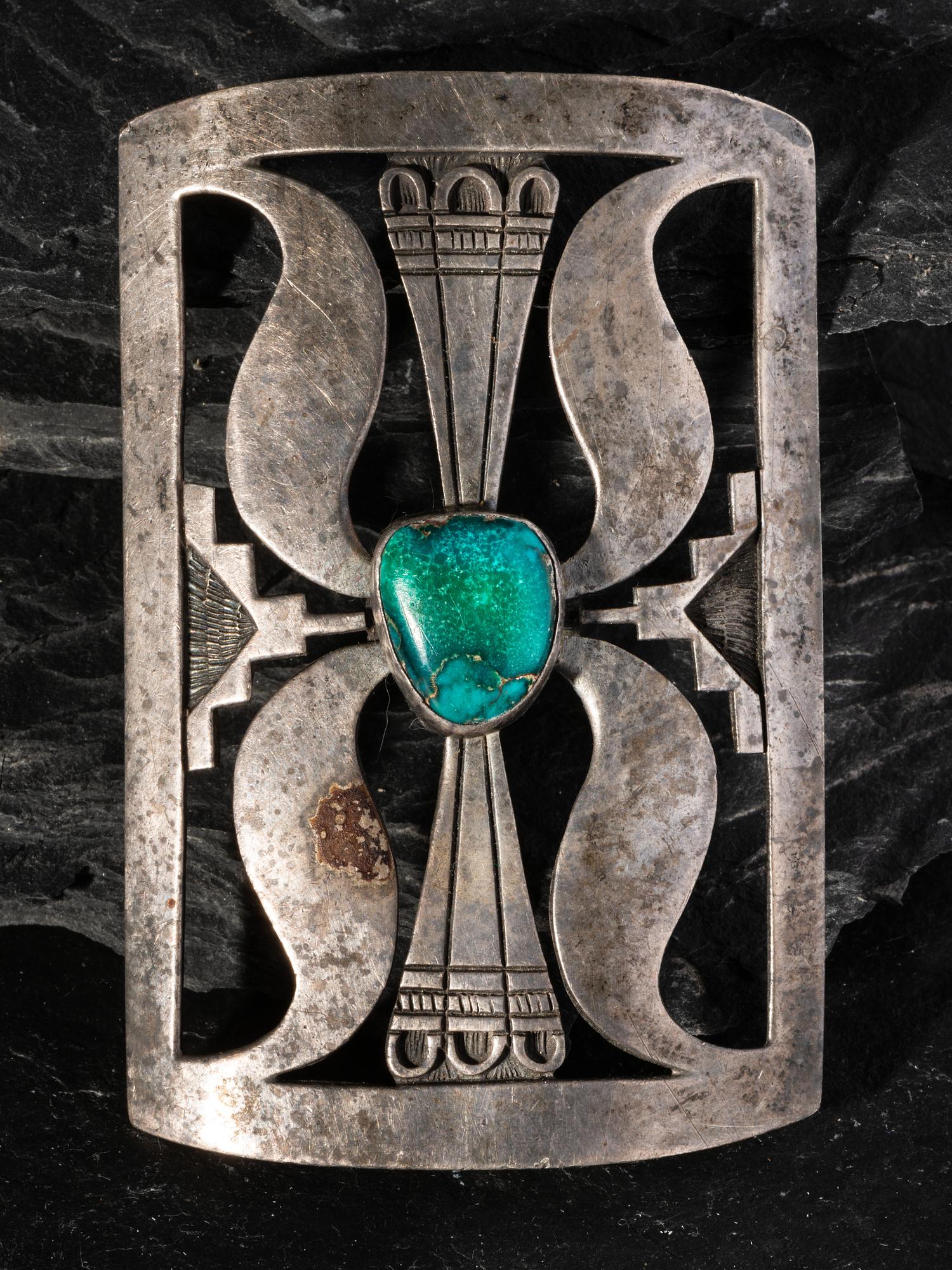 Silver Overlay Ketoh Concha, with Turquoise Cabochon