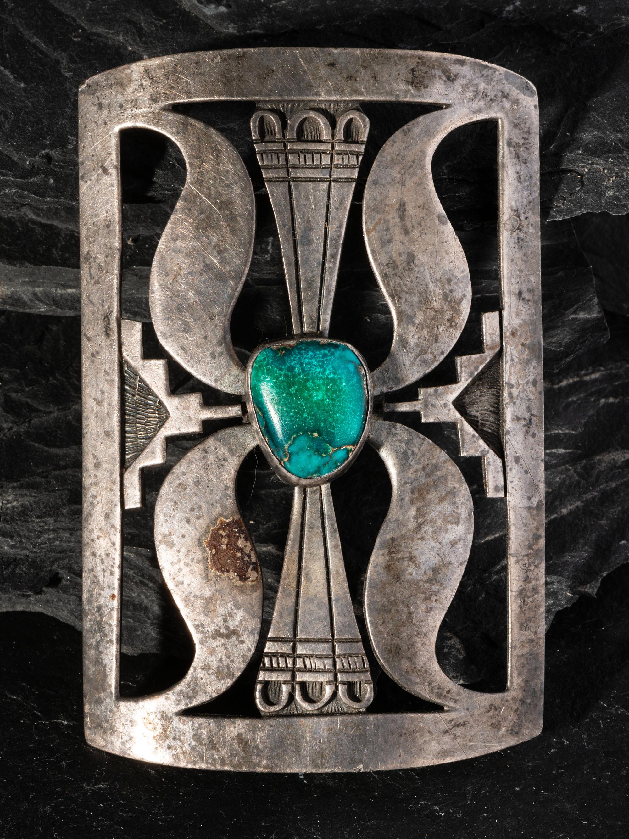 Silver Overlay Ketoh Concha, with Turquoise Cabochon