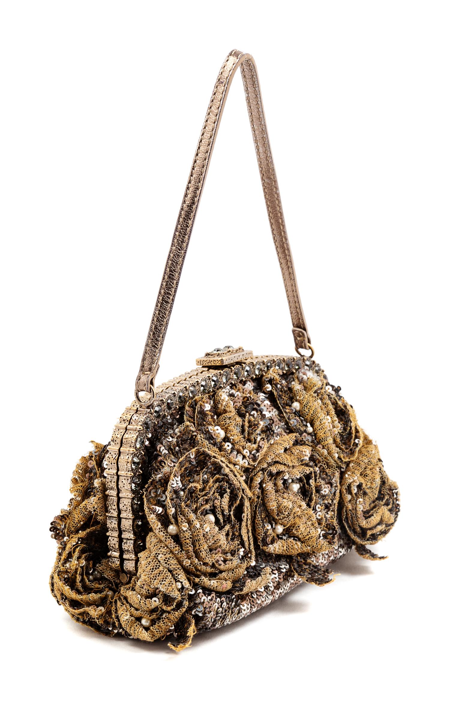 A Valentino Taupe Rosette and Sequin Evening Bag, 4.5" H x 8" W x 4.75" D; Strap drop: 5.5".