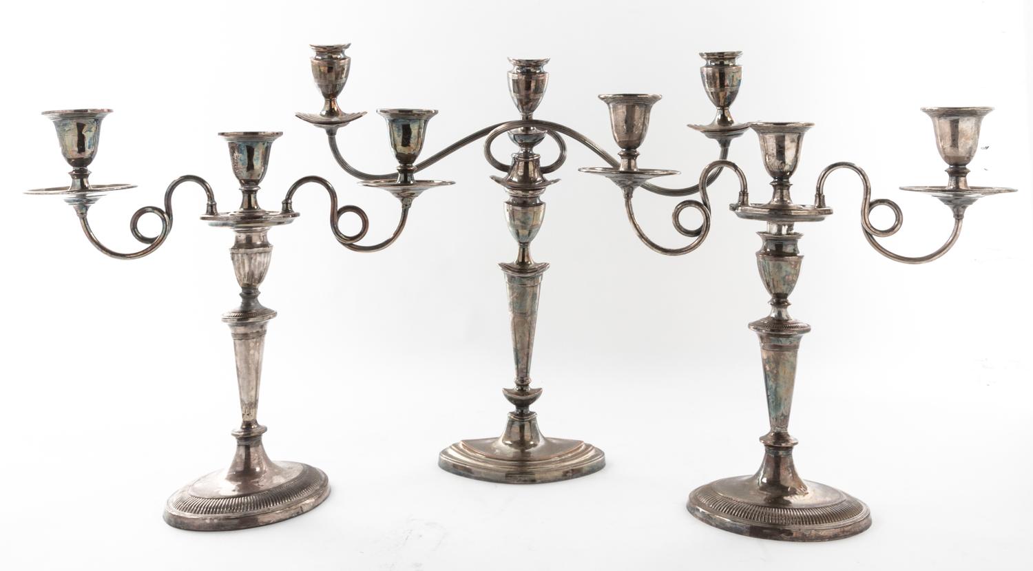 A Pair of English Silver-plate Three-Light Candelabra, 19TH/20TH CENTURY, with an associated candelabrum