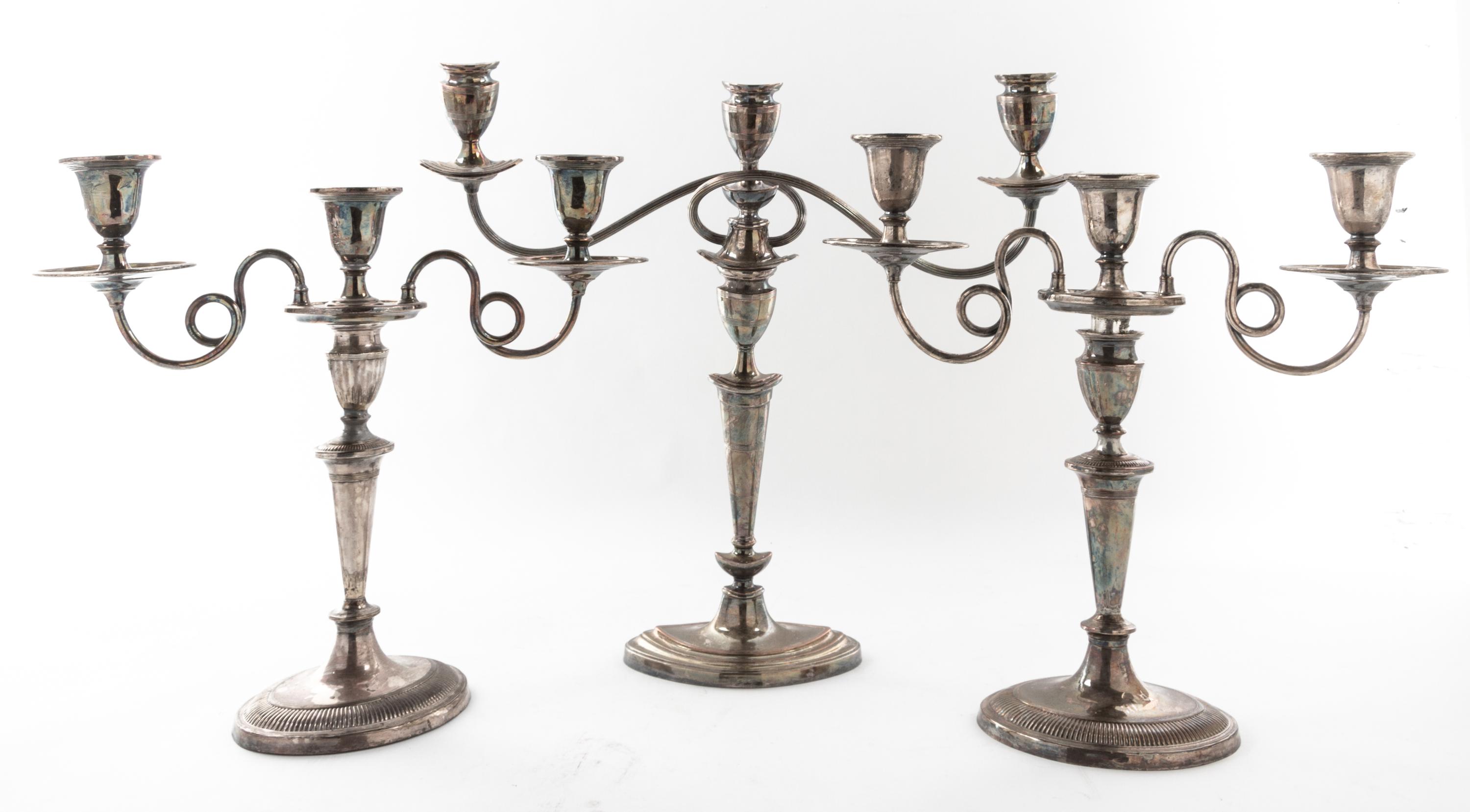 A Pair of English Silver-plate Three-Light Candelabra, 19TH/20TH CENTURY, with an associated candelabrum
