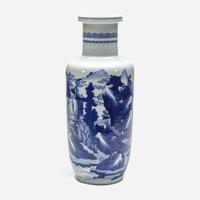 A Chinese blue and white porcelain rouleau vase 青花山水人物纸槌瓶