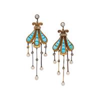 VICTORIAN, TURQUOISE, SEED PEARL, AND DIAMOND EARRINGS