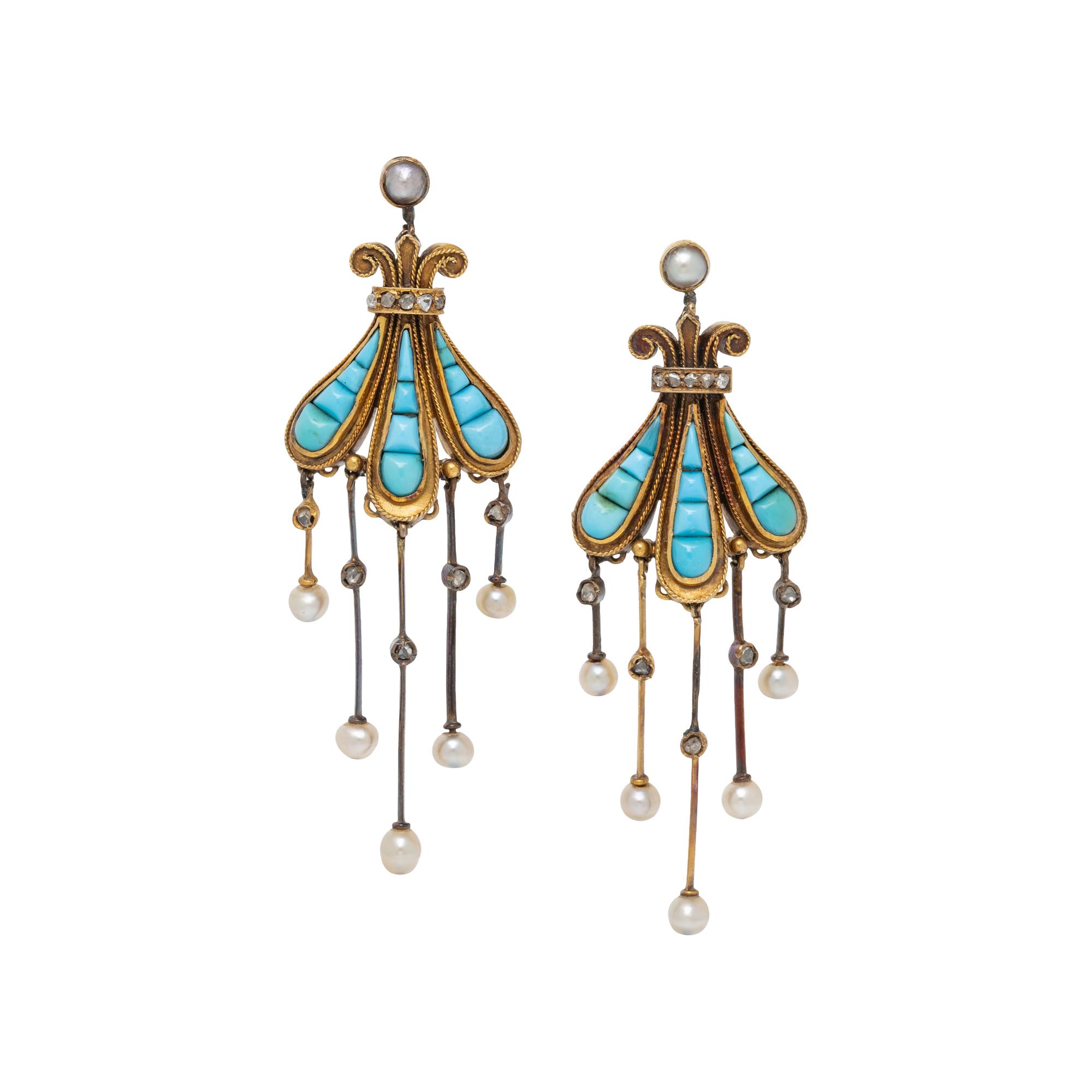 VICTORIAN, TURQUOISE, SEED PEARL, AND DIAMOND EARRINGS