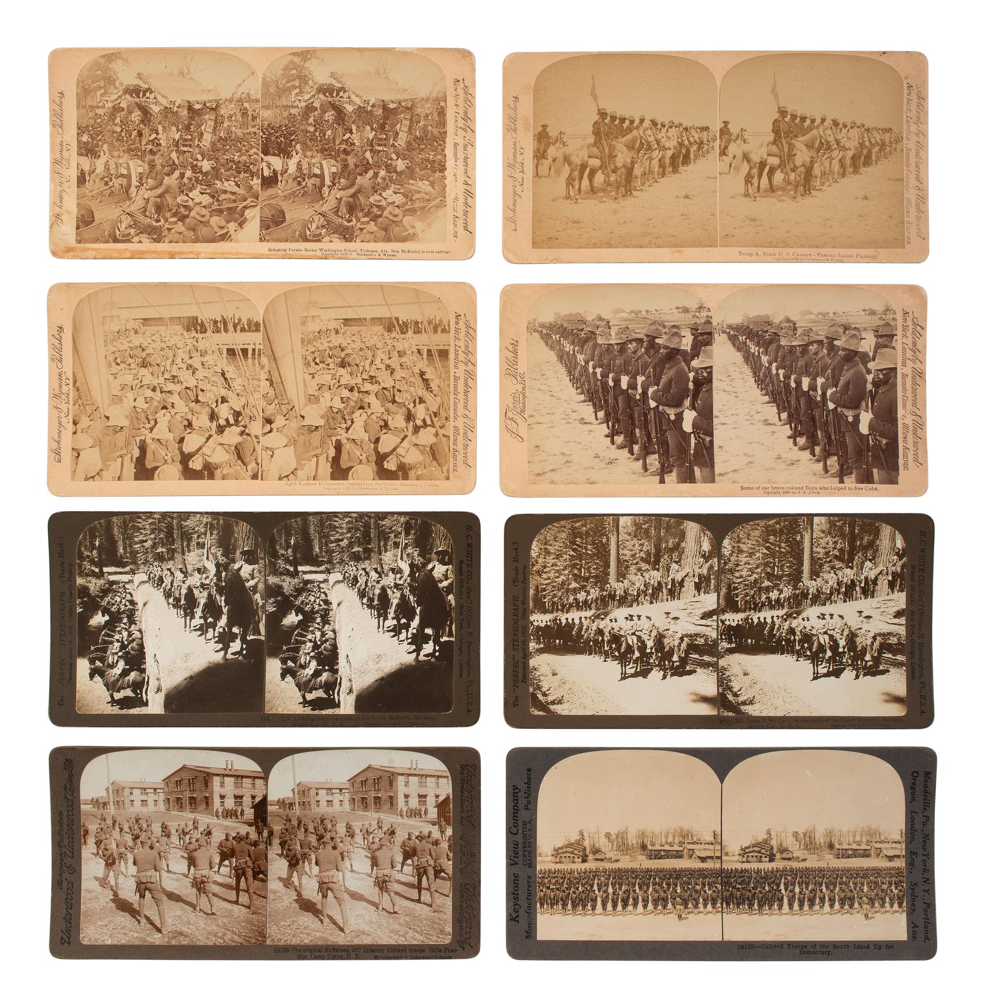 [BUFFALO SOLDIERS]. A group of 32 stereoviews of African American soldiers incl. 9th and 10th Cavalry Regiments. Ca 1890s-1900s.