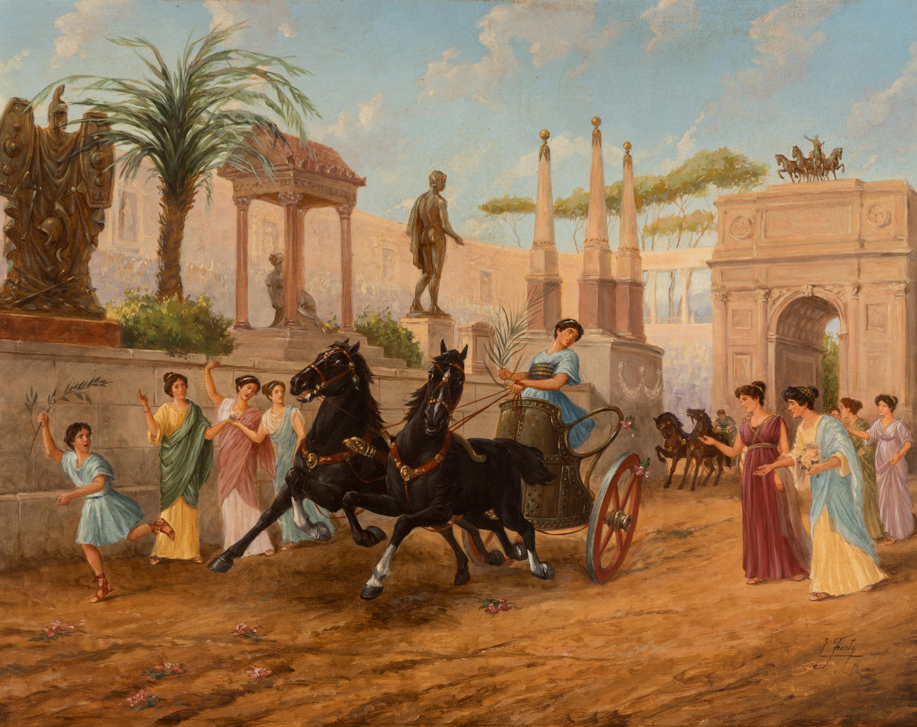 Ettore Forti (Italian, 1850-1940) — Chariot Race In Ancient Rome With Triumphal Arch