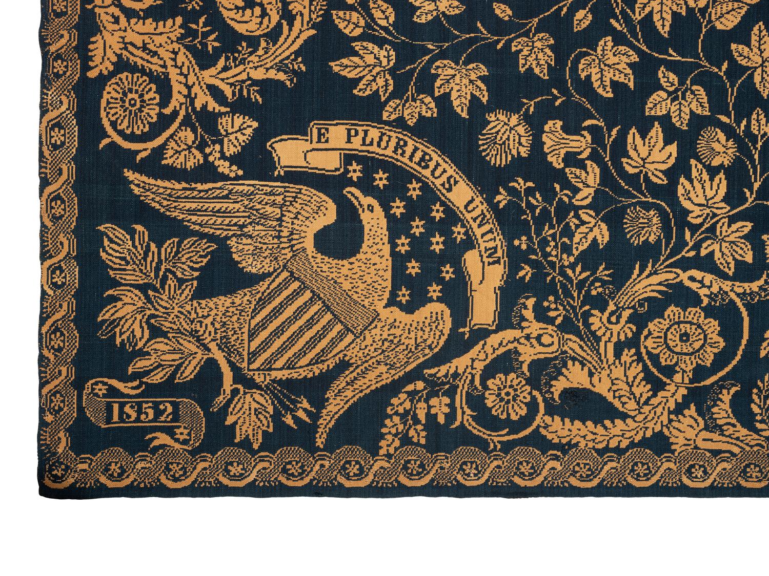 A Blue and White Jacquard Woven Liberty Coverlet