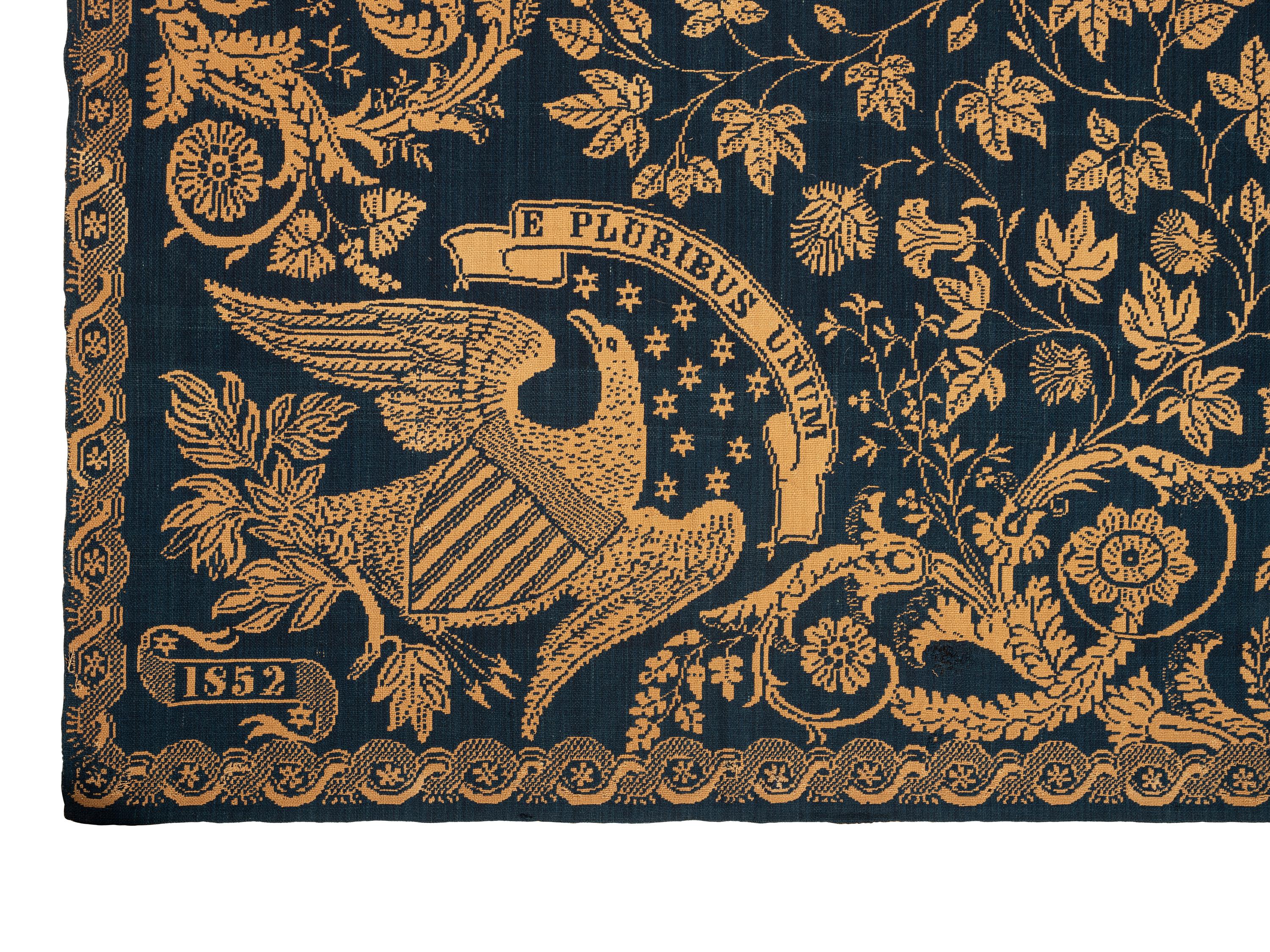 A Blue and White Jacquard Woven Liberty Coverlet