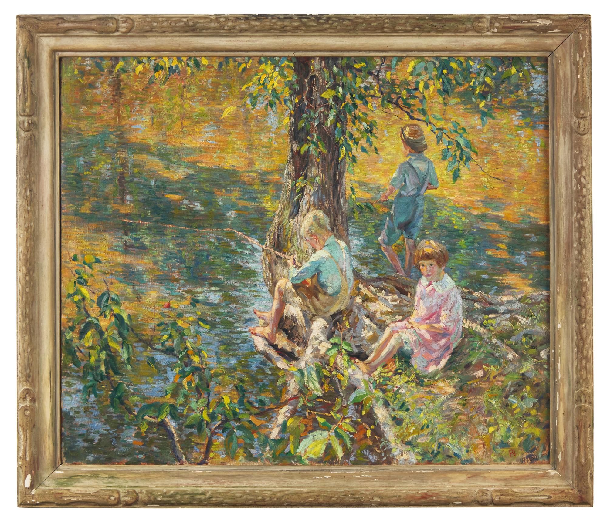 Three Children Fishing , c. 1920