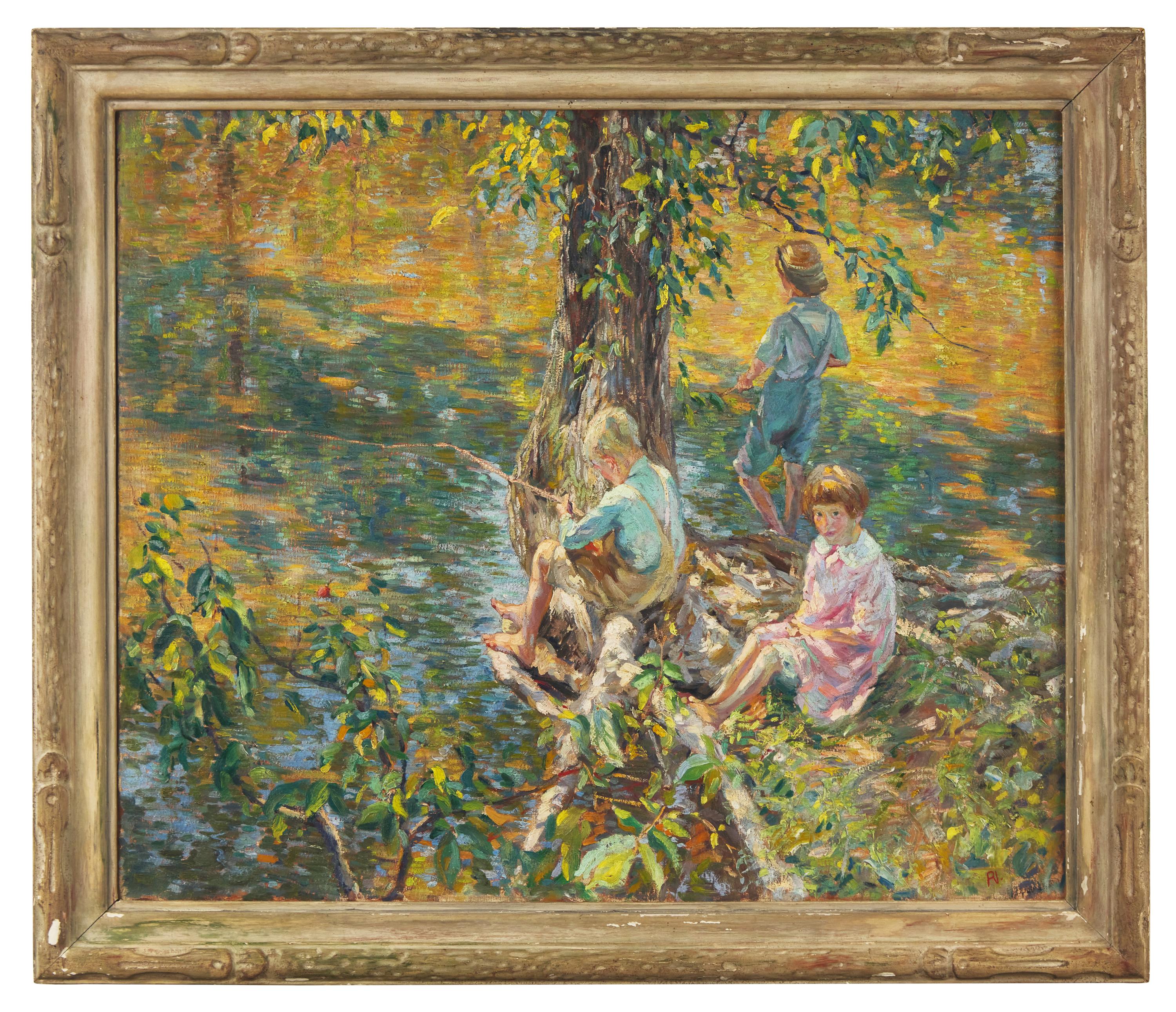 Three Children Fishing , c. 1920