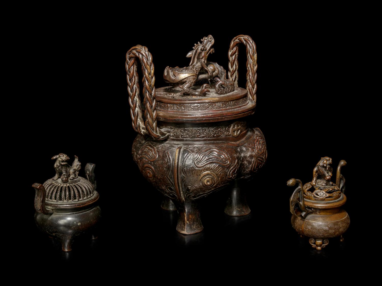 Three Japanese Bronze Tripod Incense Burners and Covers