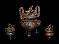 Three Japanese Bronze Tripod Incense Burners and Covers