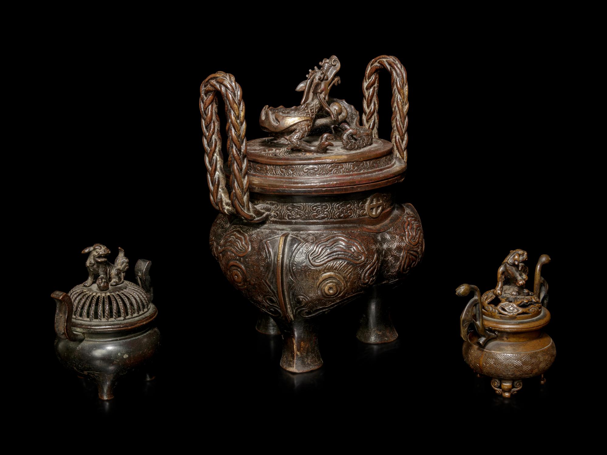 Three Japanese Bronze Tripod Incense Burners and Covers