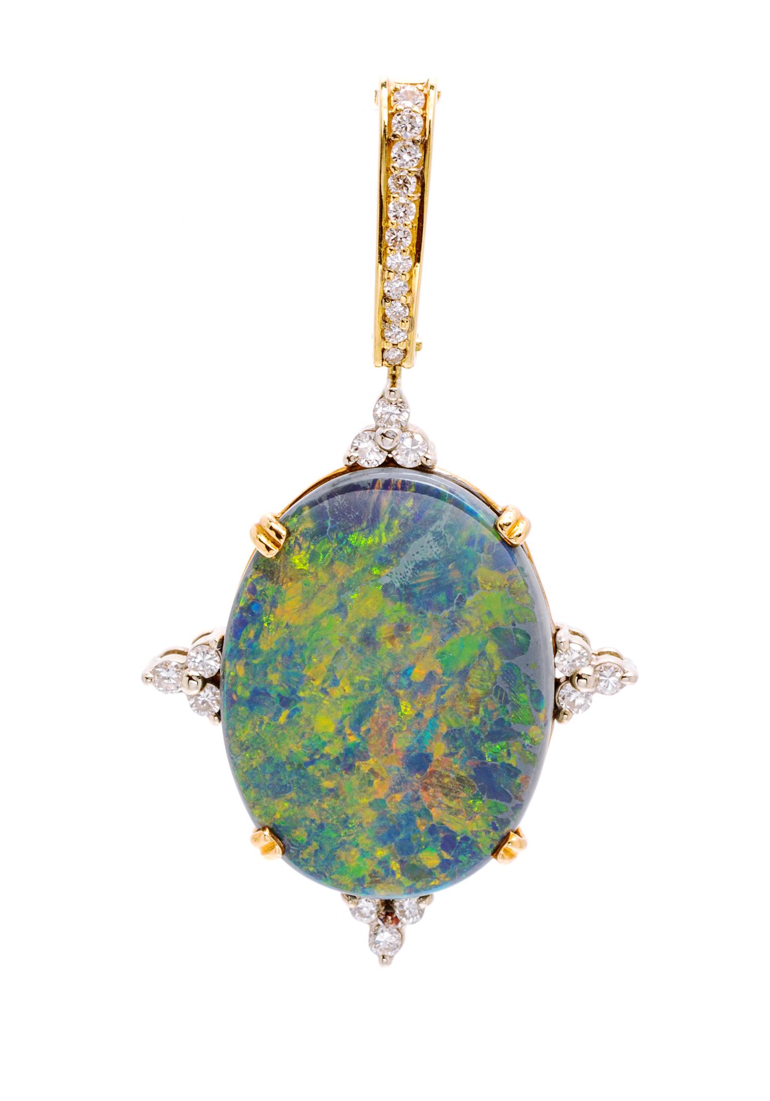 An 18 Karat Yellow Gold, Grey Opal and Diamond Pendant, 7.00 dwts.