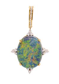 An 18 Karat Yellow Gold, Grey Opal and Diamond Pendant, 7.00 dwts.