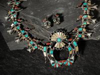 Mosaic Inlay Water Bird Squash Blossom Necklace and Matching Clip Earrings