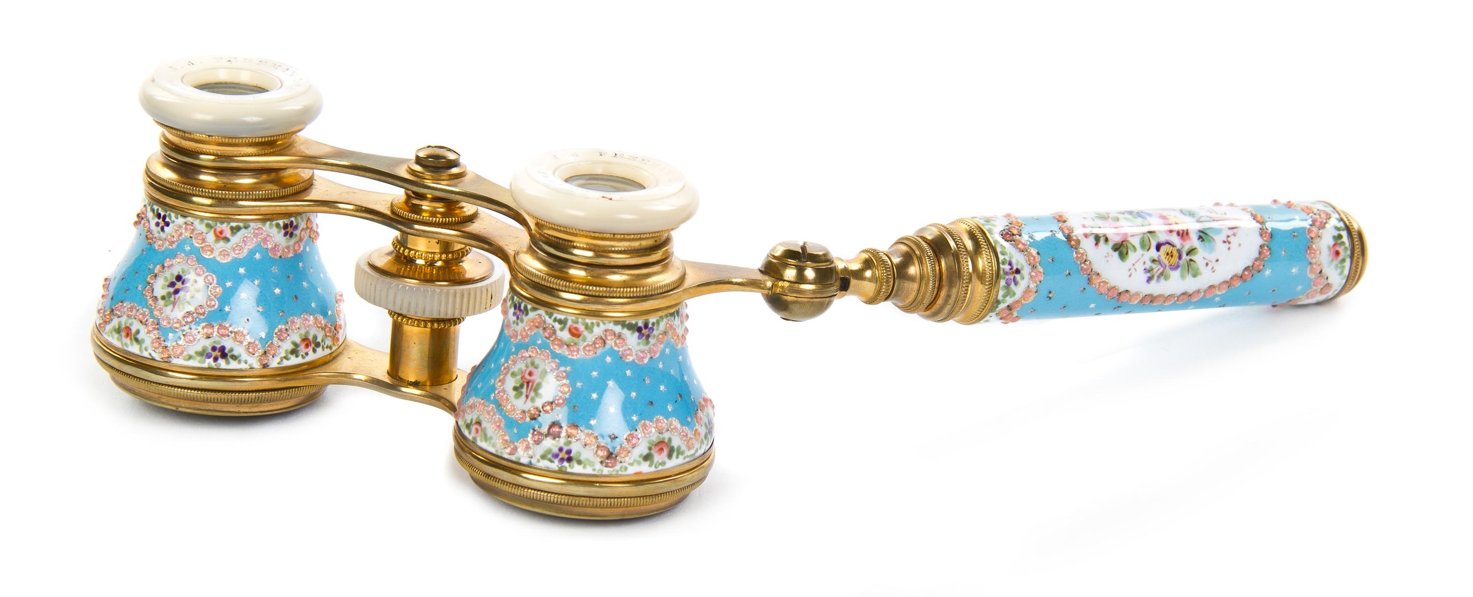 A Pair of French Enameled Opera Glasses, retailed by J.J. Freeman & Co., Width 4 inches.