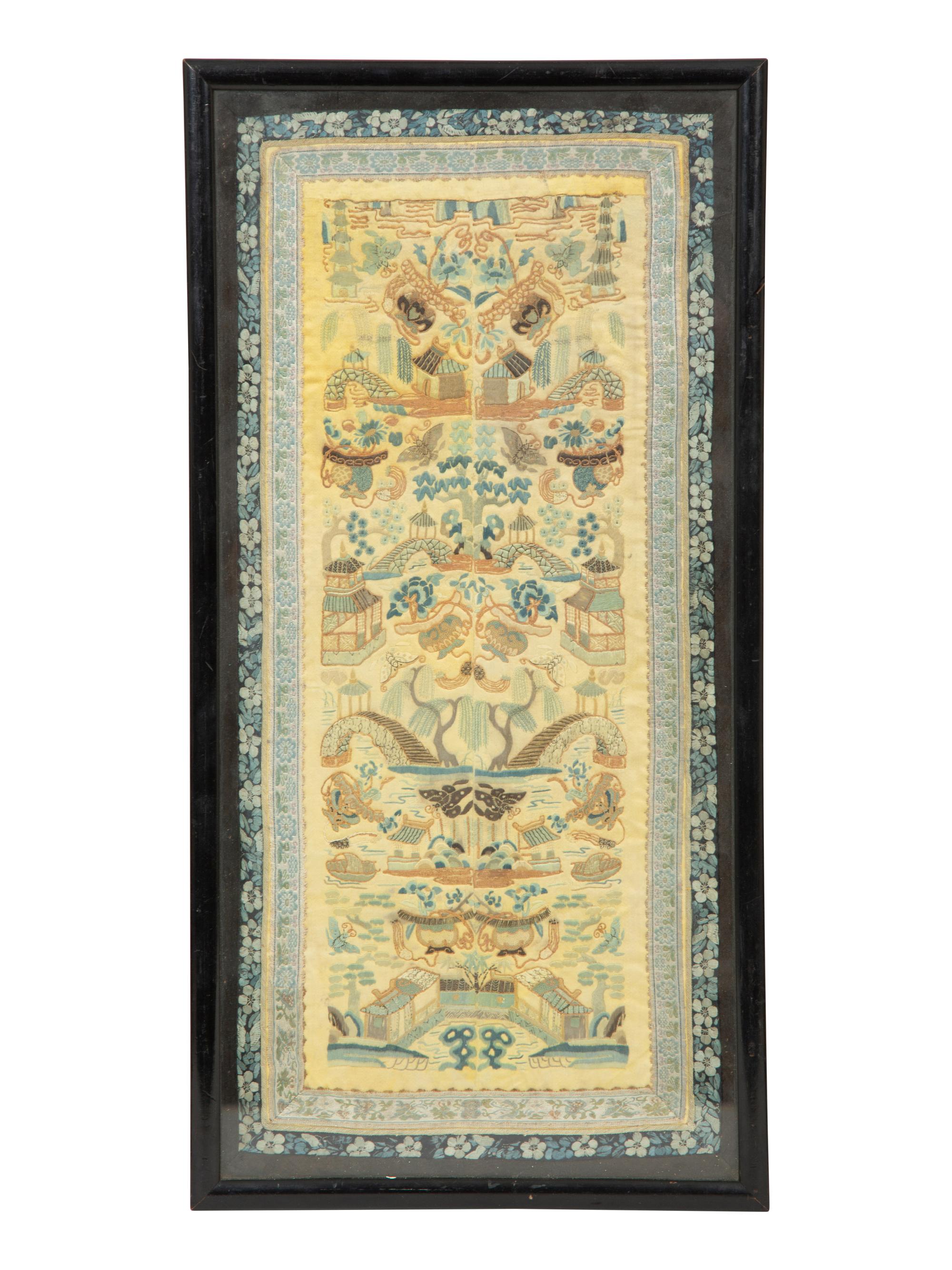 Three Chinese Framed Embroidered Silk Panels