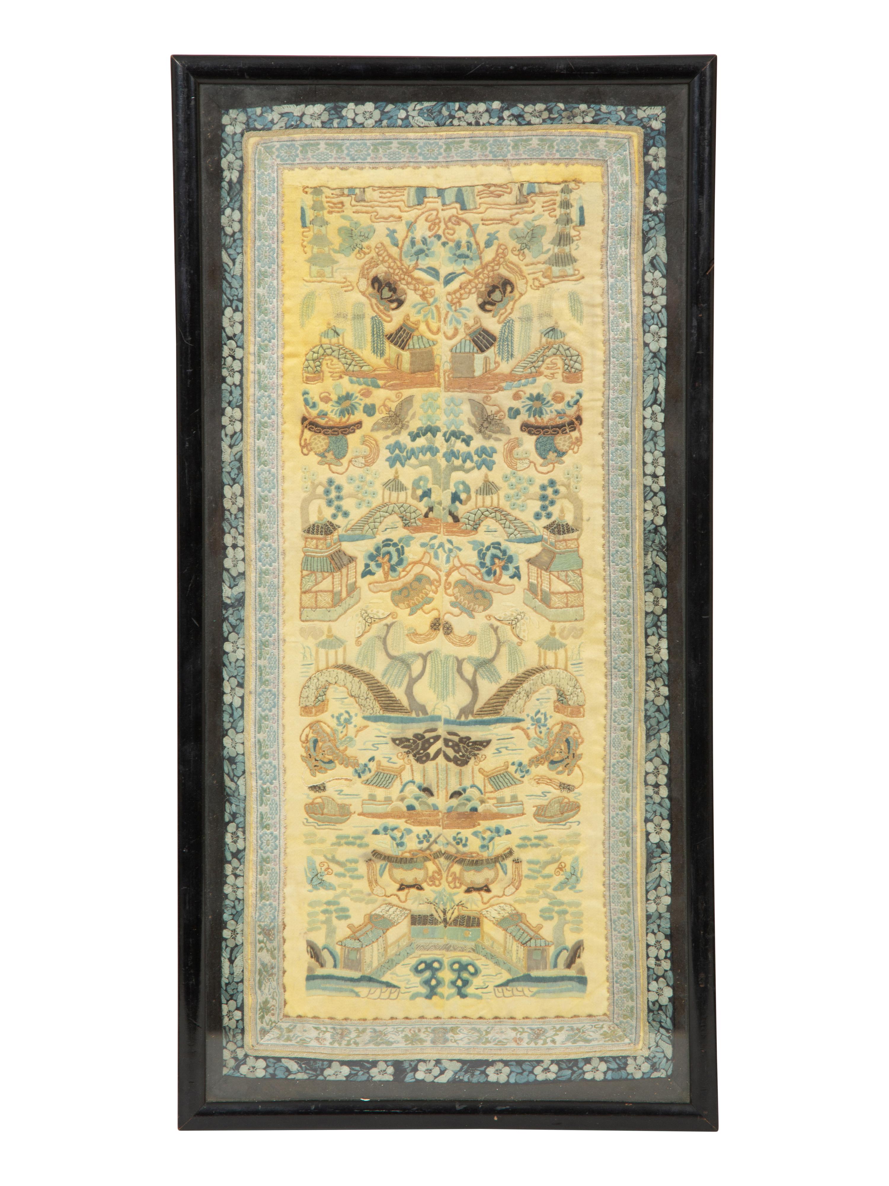 Three Chinese Framed Embroidered Silk Panels
