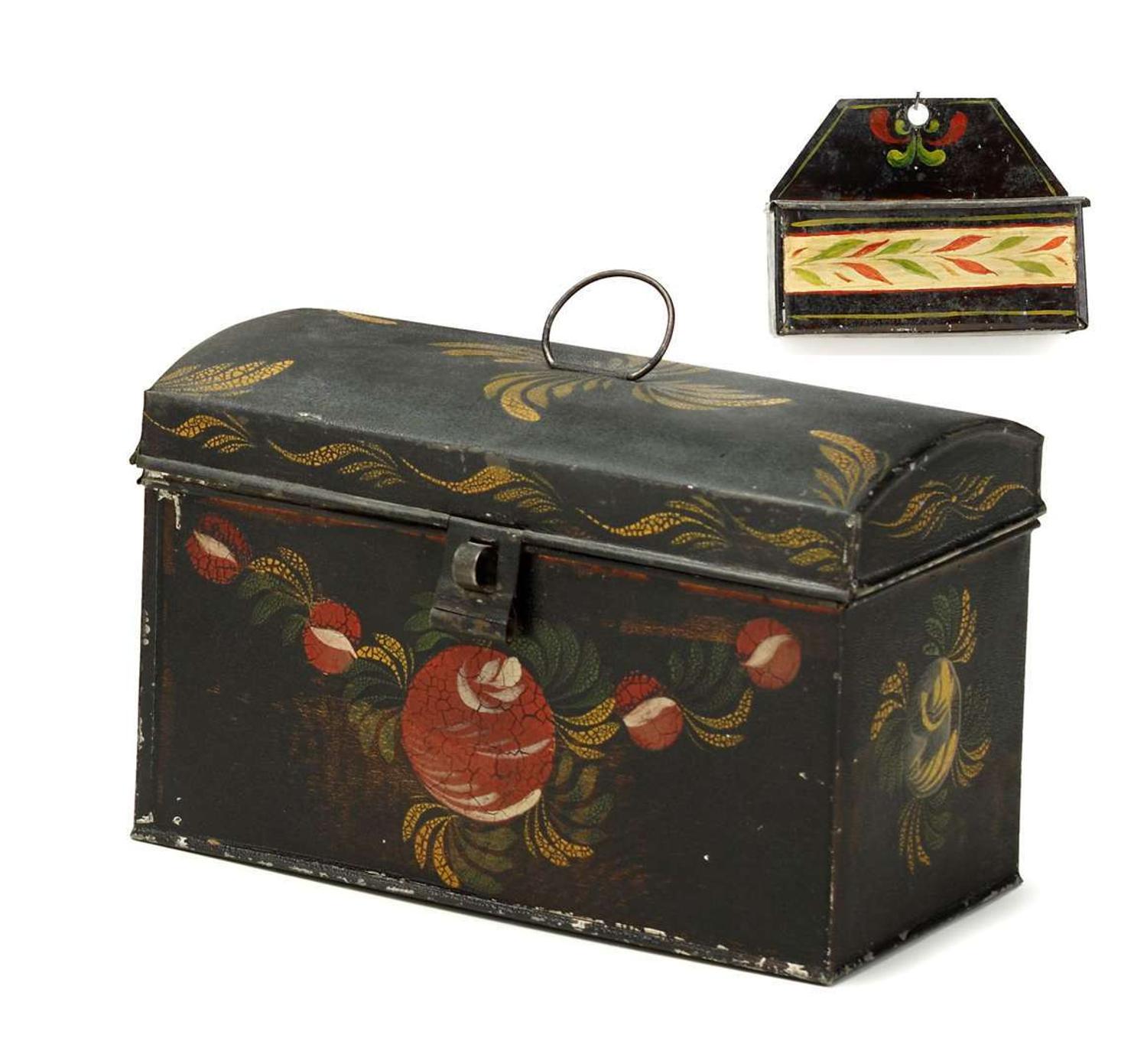 Painted and decorated tinware document box and hanging match box 19th century