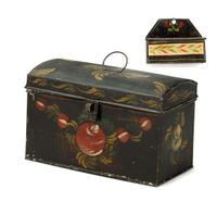 Painted and decorated tinware document box and hanging match box 19th century