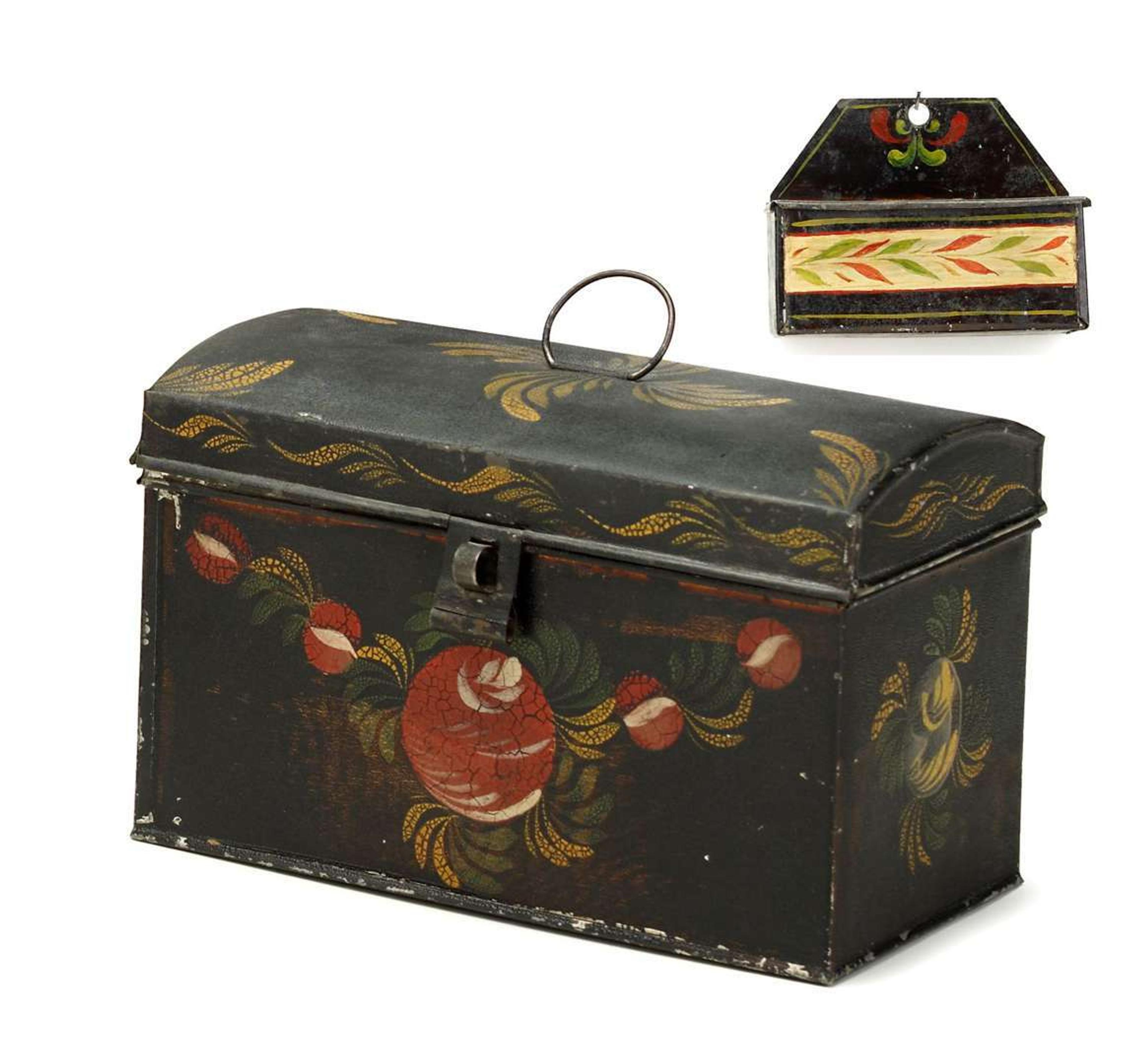 Painted and decorated tinware document box and hanging match box 19th century