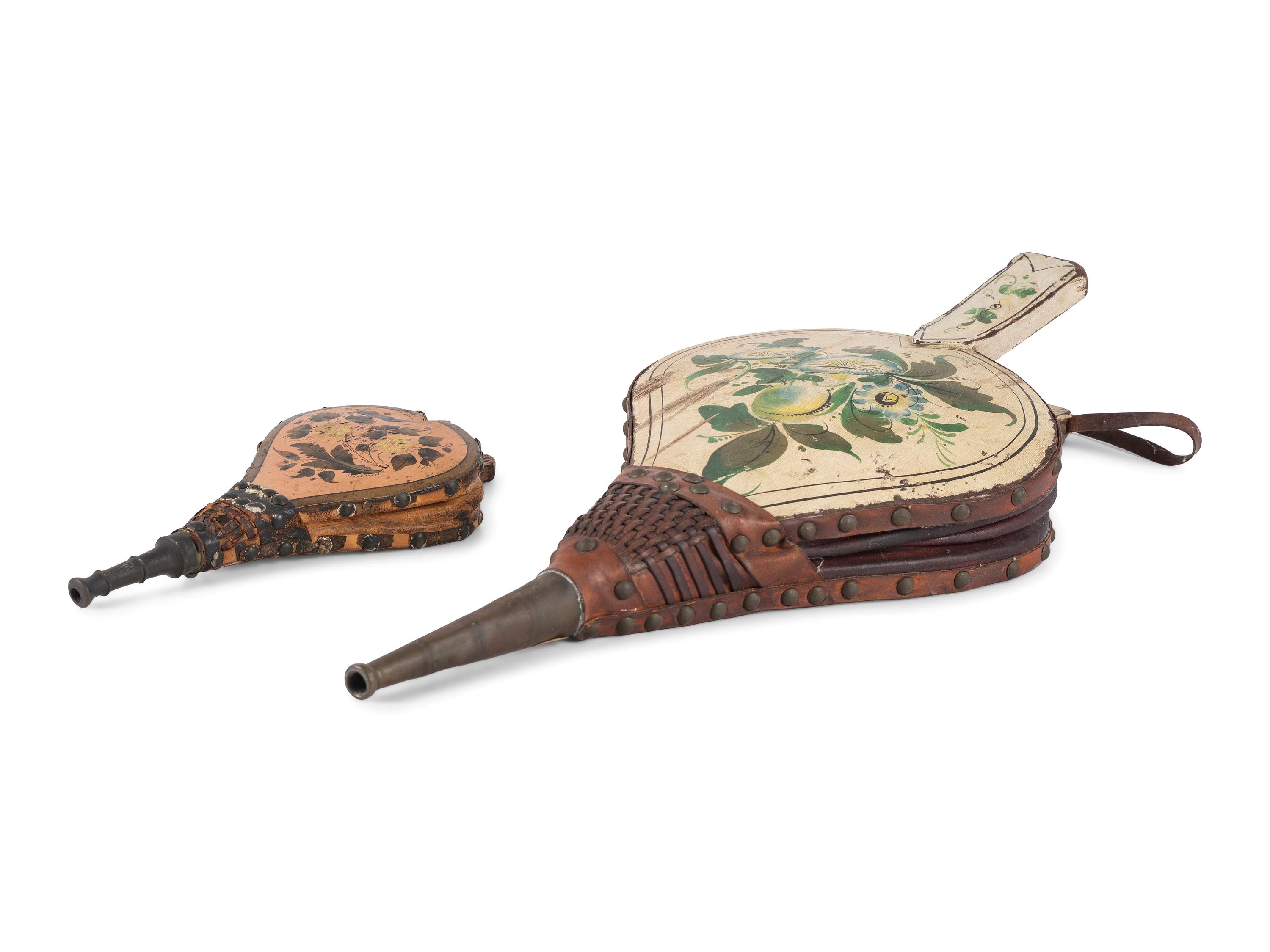 Two Carved and Painted Decorated Wood and Leather Bellows
