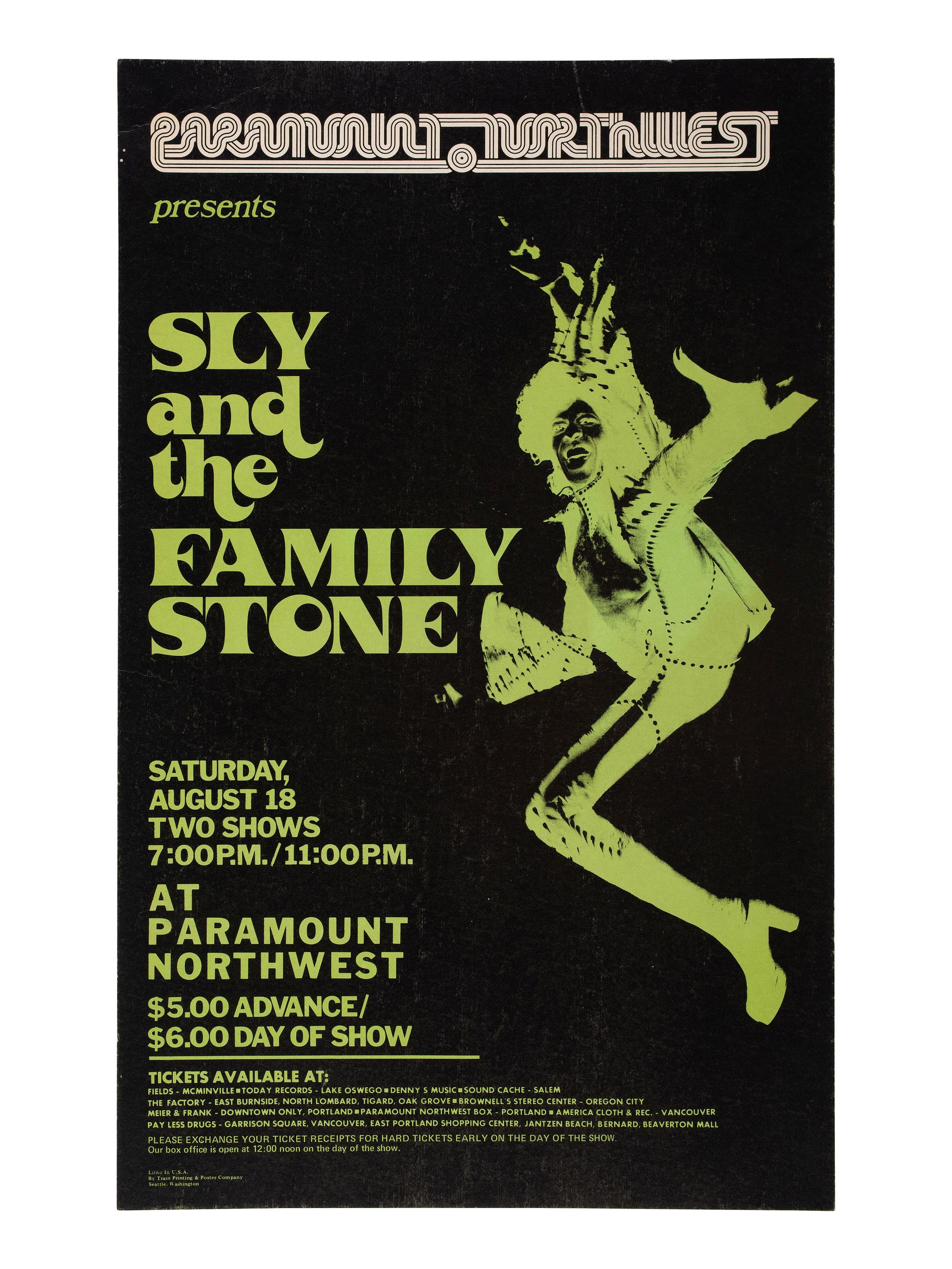 [MUSIC]. Sly and the Family Stone. Paramount Northwest . Seattle, WA: Train Printing & Poster Co., [1973].