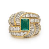 EMERALD, DIAMOND RING, AND YELLOW GOLD RING