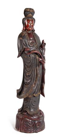 A Large Carved Wood Figure of Guanyin