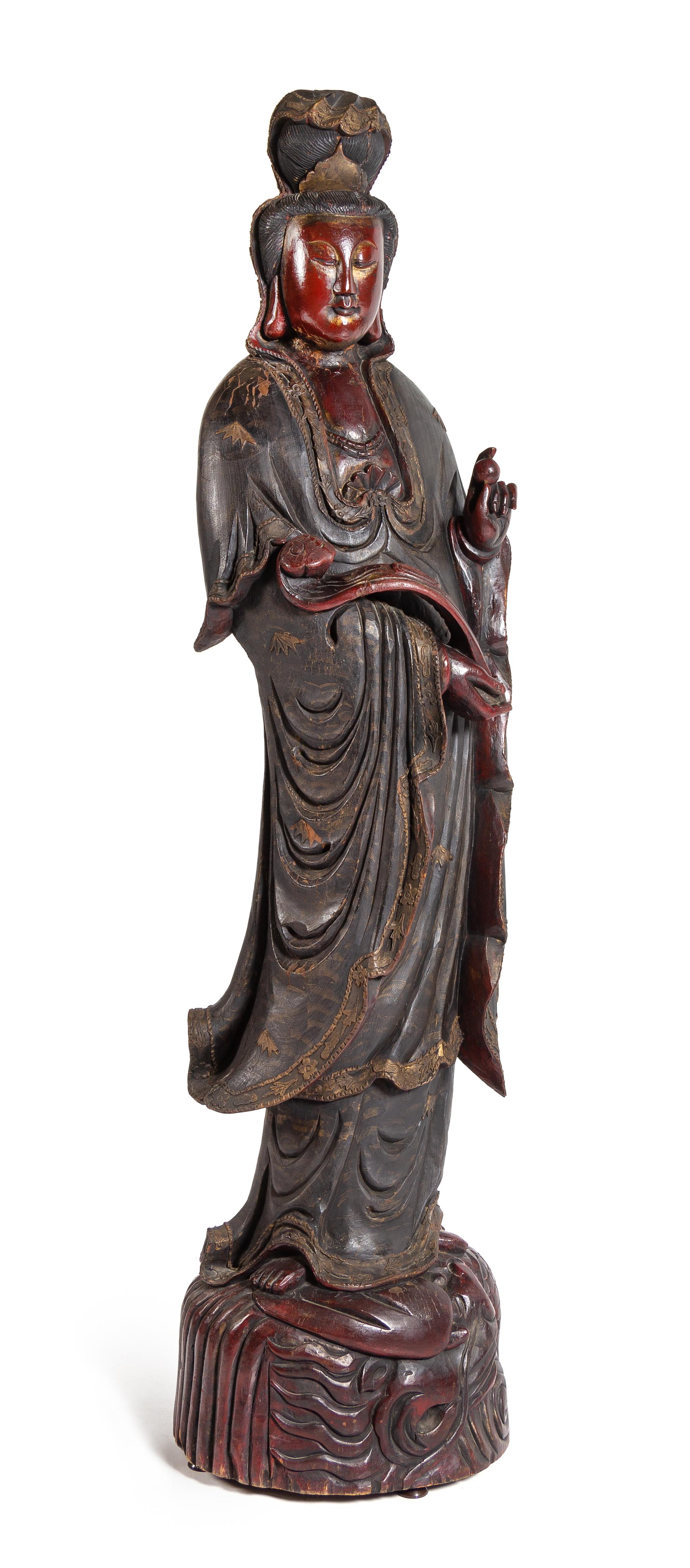 A Large Carved Wood Figure of Guanyin