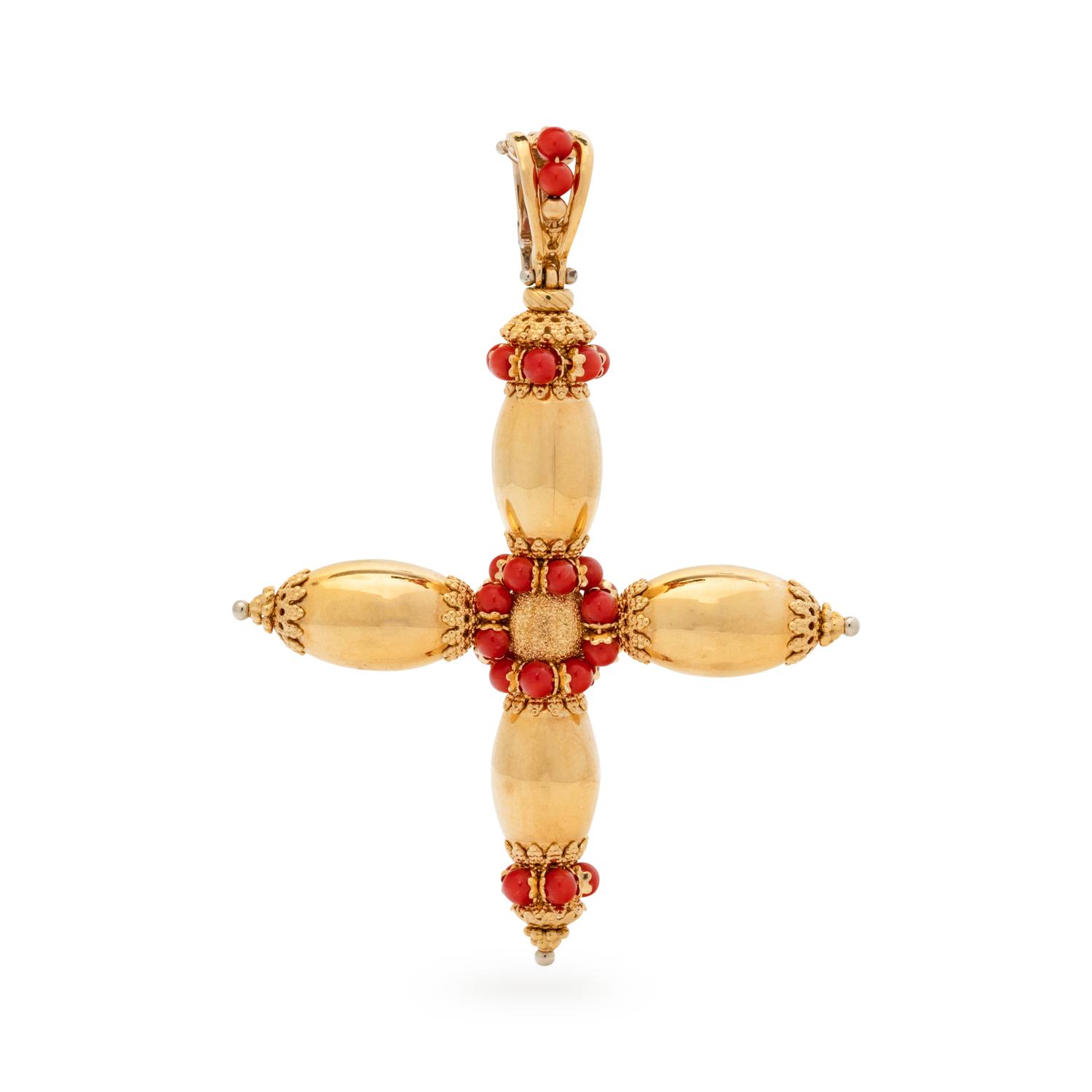 YELLOW GOLD AND CORAL CROSS PENDANT